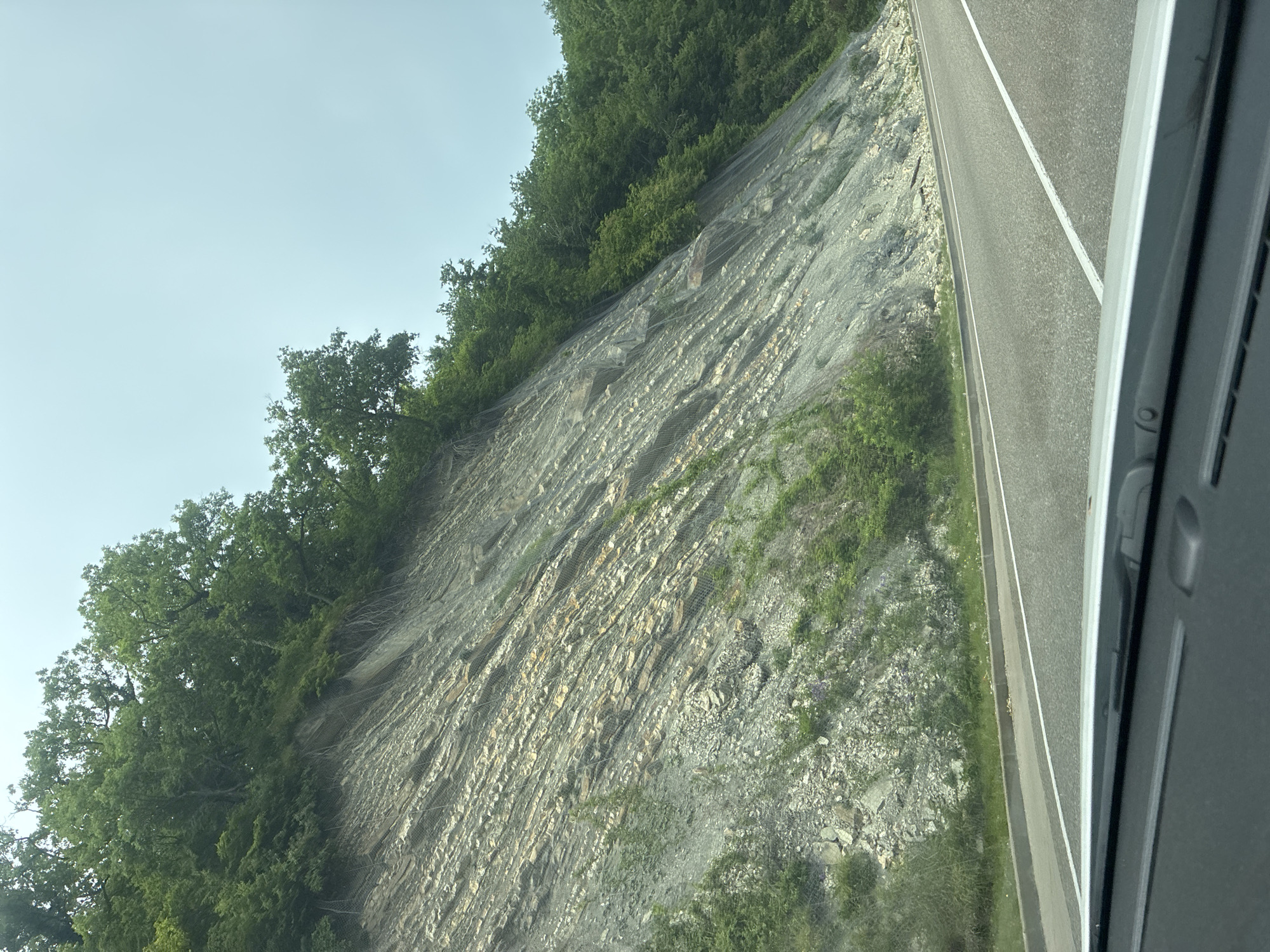 The image depicts a roadside view of a steep, rocky incline covered with a wire mesh erosion control system. The incline is stratified with layers of rock, some of which are lighter in color, interspersed with darker gray rock. Small green plants and bushes are growing on the lower parts of the incline. At the top of the incline, dense green trees form a canopy. A paved road runs along the bottom of the image, with a white line marking the lane. The sky above is a pale, hazy blue. The perspective suggests the photograph was taken from inside a vehicle, looking out towards the embankment. The location is identified as the city of Dederkoi, Russia.