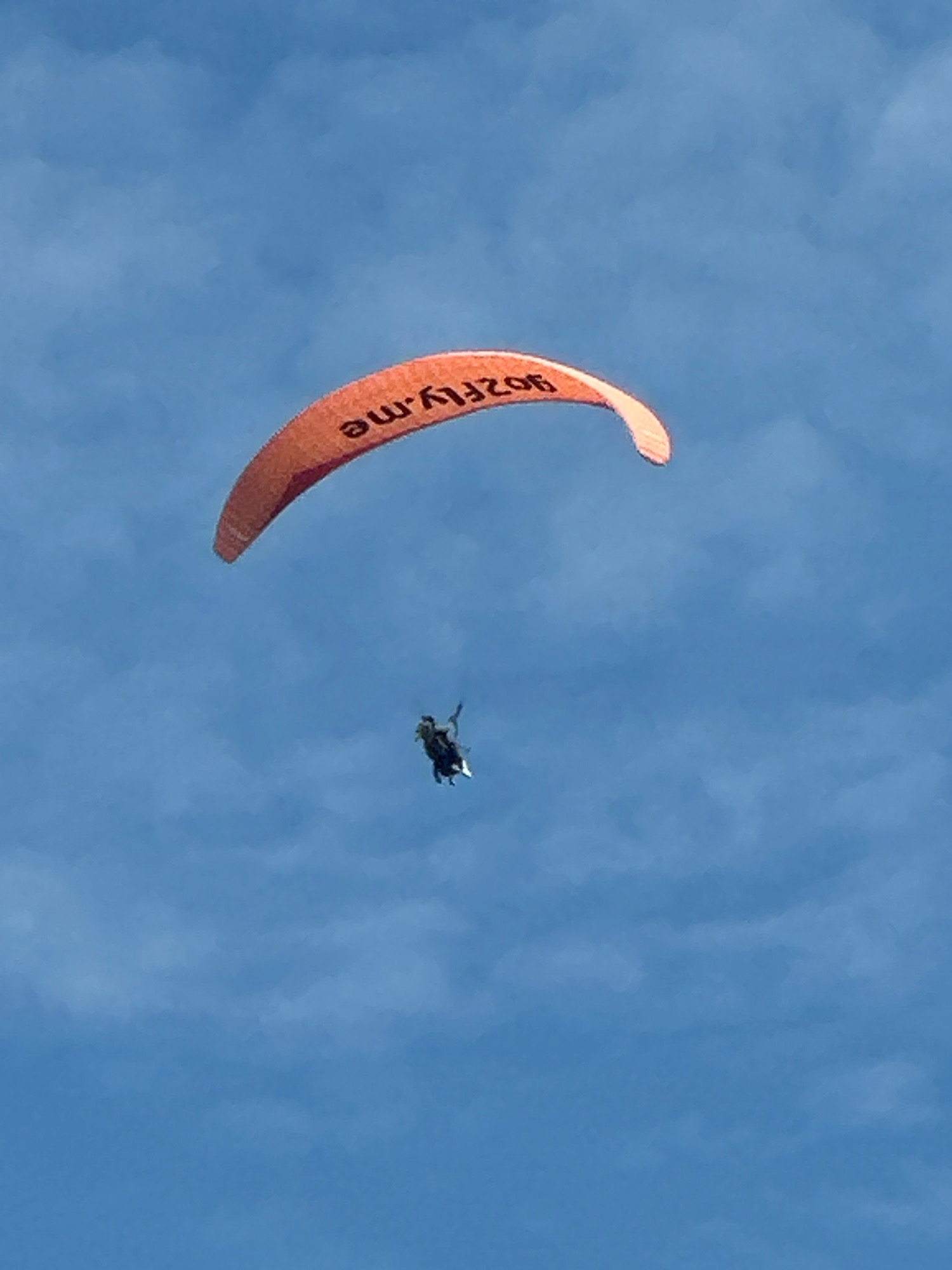 An orange paraglider with the text "Gozfly.me" printed on it is soaring through a blue sky with scattered clouds. A tandem paraglider, with two people in a harness beneath it, is suspended in the air at a distance from the orange paraglider. The scene is set against a backdrop of a clear blue sky with wispy white clouds. The specific location within Boreti, Montenegro, is not discernible from the image.