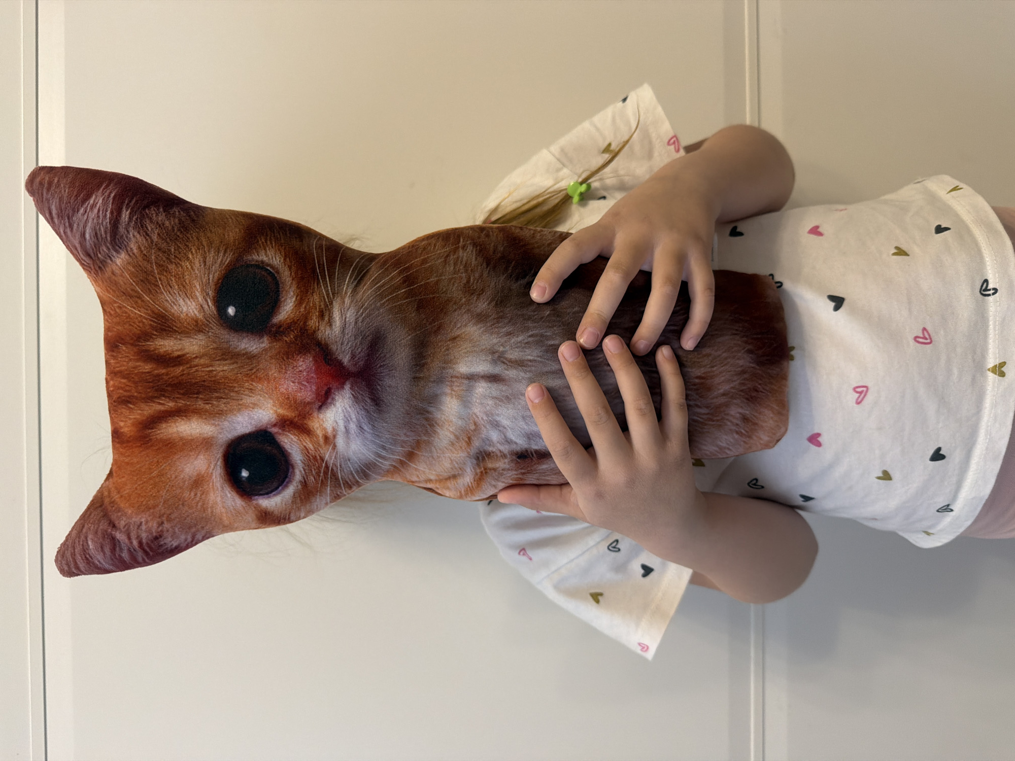 A child is holding a large, plush cat head, obscuring their own head. The cat head is ginger with black eyes. The child wears a white t-shirt patterned with small hearts, and their hands are placed on the cat head. A blonde ponytail with a green hair tie is visible behind the plush head. The background is a plain white wall. The location cannot be determined from the image alone.