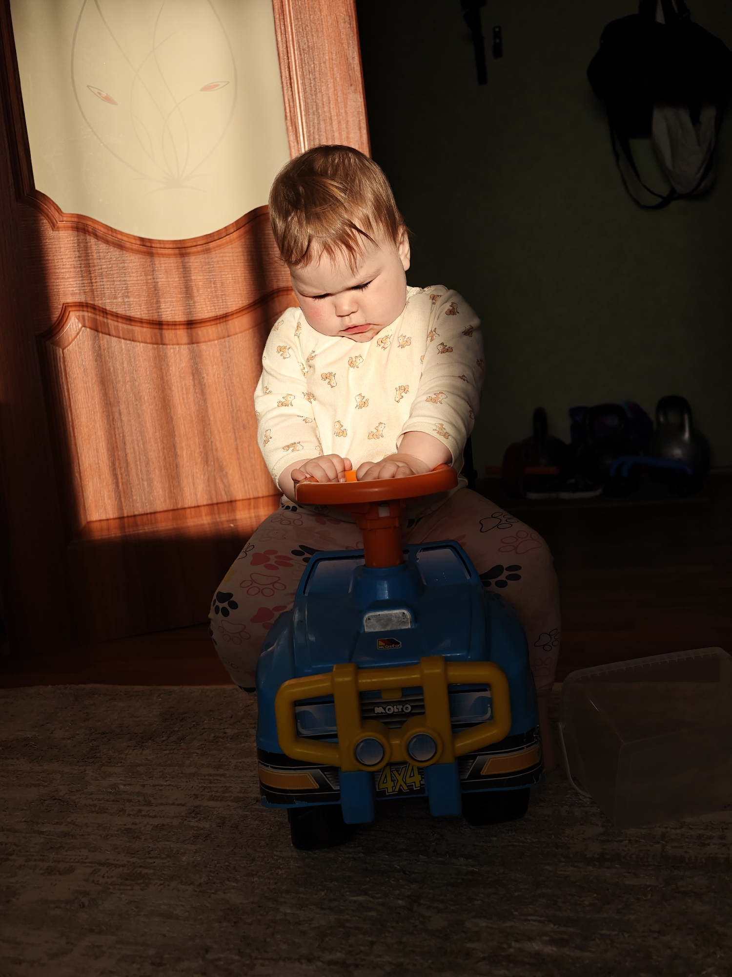 An indoor scene in Chaikovsky, Russia, features a young child seated on a blue and orange ride-on toy car. The child, with light brown hair, wears a light-patterned long-sleeved top and pink leggings with paw print designs. Their head is bowed, eyes seemingly closed or cast downward, conveying a focused or contemplative expression. Their hands rest on the orange steering wheel of the toy.
Strong, warm sunlight streams into the room from an unseen window or opening to the left, illuminating the child's back and the right side of their face, as well as a large wooden door directly behind them. The door has decorative paneling and an upper section with frosted glass etched with a stylized floral pattern, including two small eye-like shapes.
The background to the right is largely in shadow, appearing as a dark green wall. Vague shapes of objects are visible there, including a dark bag hanging on the wall and, on the floor, items that resemble exercise equipment such as kettlebells and shoes. The child and toy car rest on a light brown, textured rug. To the right of the toy, a clear plastic container is partially visible on the rug. Text "MOLTO" and "4X4" are discernible on the front of the blue toy car. The dramatic lighting suggests either early morning or late afternoon.