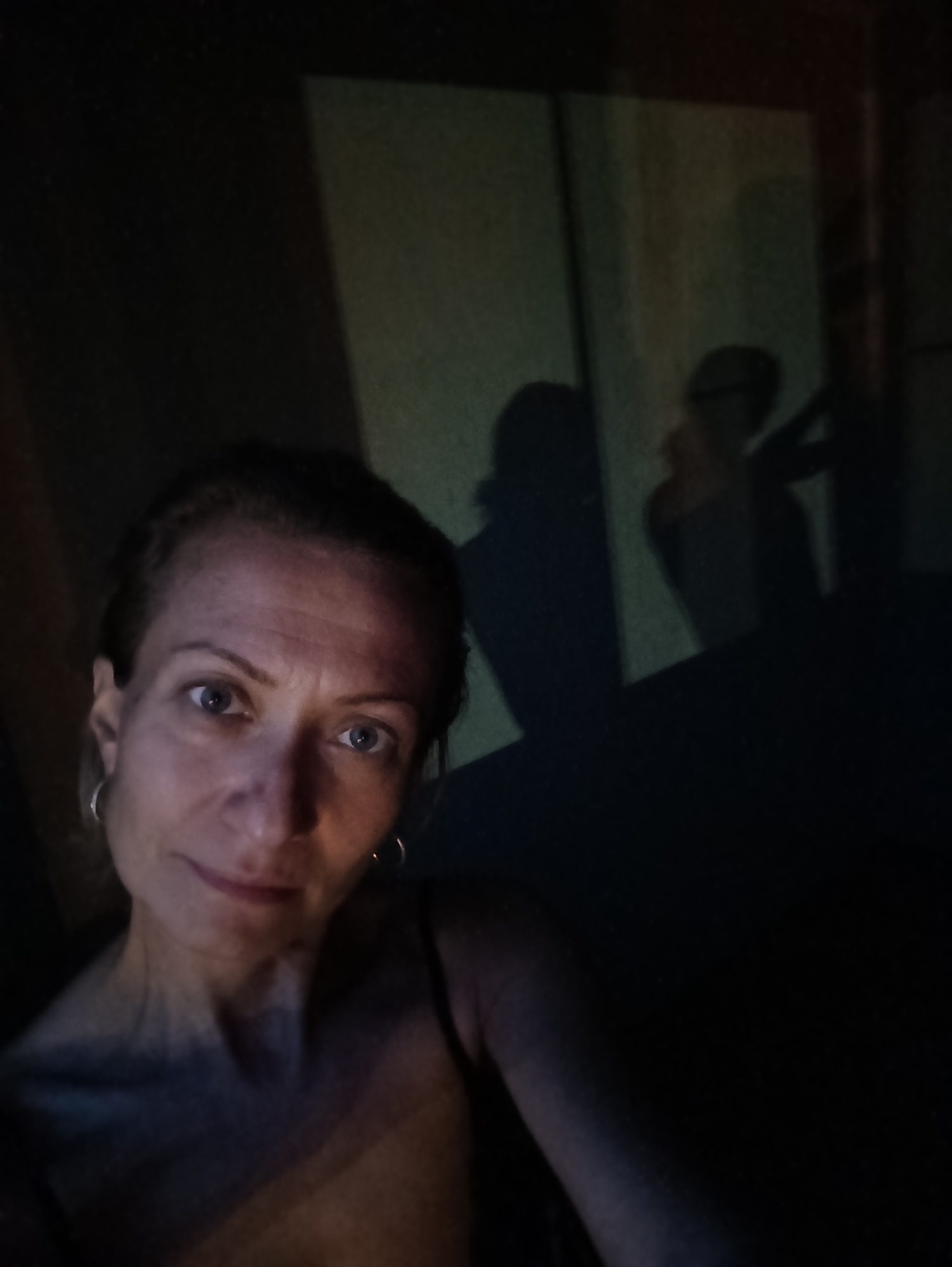 The media file is a selfie of a woman in a dimly lit room. The woman is in the foreground, looking directly at the camera with a neutral expression. She has light skin, blue eyes, and light brown hair pulled back. She is wearing a dark-colored top, and hoop earrings. In the background, there are shadows cast on a wall, suggesting the presence of other people or objects. The lighting is dramatic, with the woman's face illuminated from the front and shadows creating a sense of depth. The overall mood is somewhat mysterious due to the low light and shadows. There is no visible text in the image. The location context is Moscow, Russia. The time of day is not explicitly indicated but the dim lighting suggests it could be nighttime or a room with controlled lighting.