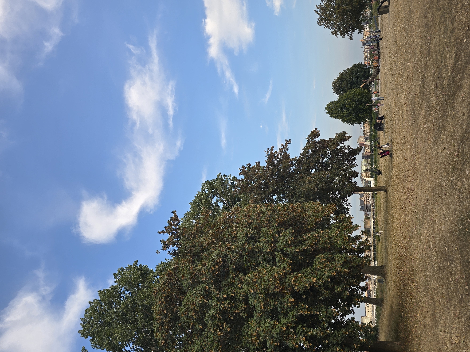 The image depicts a park scene in Antwerp, Belgium, likely near the Scheldt River, with a view of the city skyline in the background. In the foreground, dry, light-brown grass covers the ground, with scattered fallen leaves. Several large trees with green and some autumnal-colored foliage are prominently positioned on the left side of the frame, casting shadows. In the middle ground, several individuals are visible in the distance, some sitting or standing, near what appears to be a playground or an open area with some sculptural elements, including what looks like a wooden boat structure. The background features a dense arrangement of buildings forming the city's architecture, with a bridge or embankment running along the river. The sky is a clear blue with scattered white clouds. The overall impression is a serene park environment with people enjoying outdoor activities against an urban backdrop.