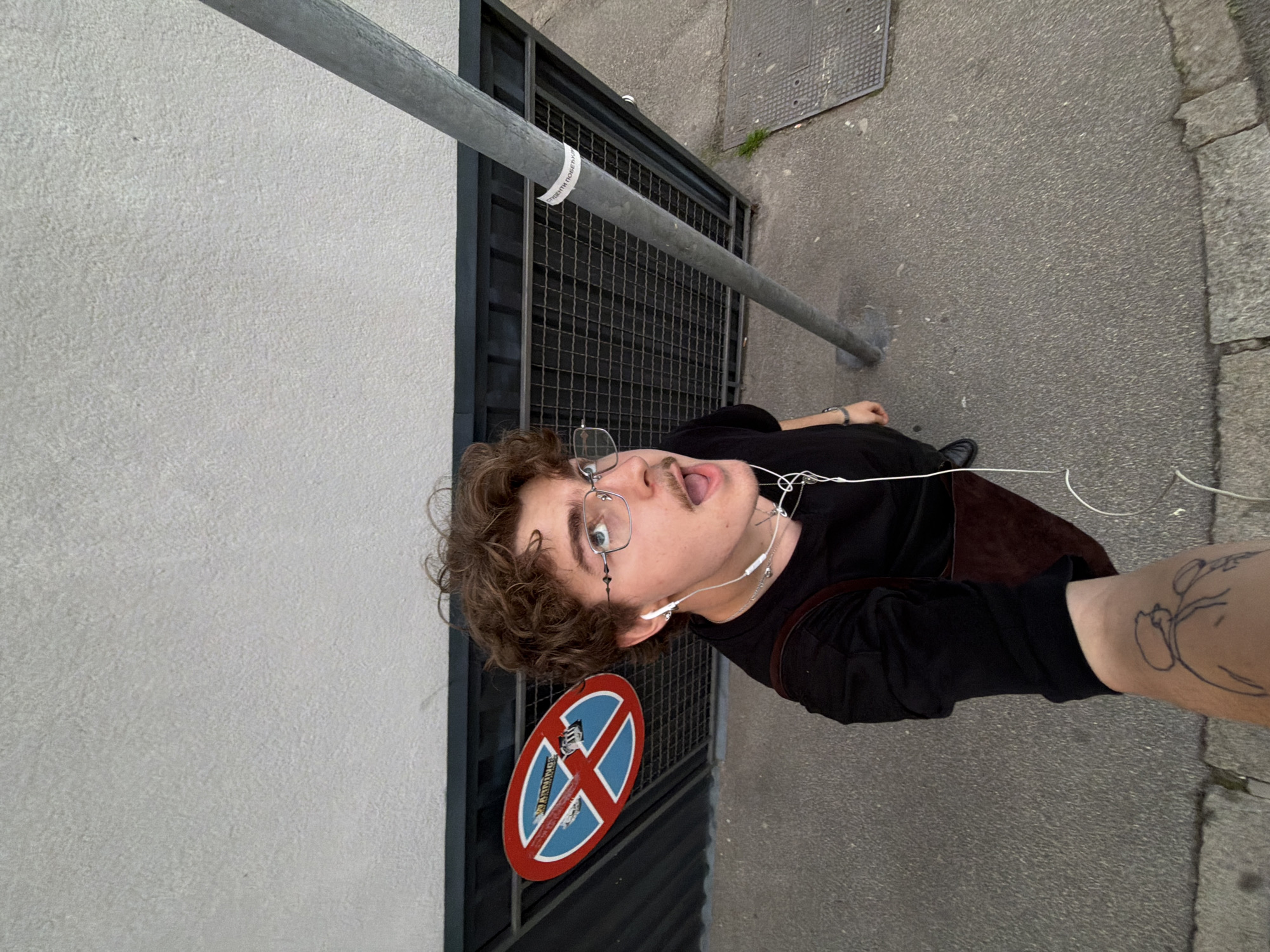 A person takes a selfie. The person is wearing glasses, a black long-sleeved shirt, and headphones. They have curly brown hair and a mustache. The person is standing next to a "No Parking" sign, positioned next to a metal bar and gate. The ground is paved. A wall is visible to the left. The selfie is taken in the Vracar Urban Municipality in Serbia.