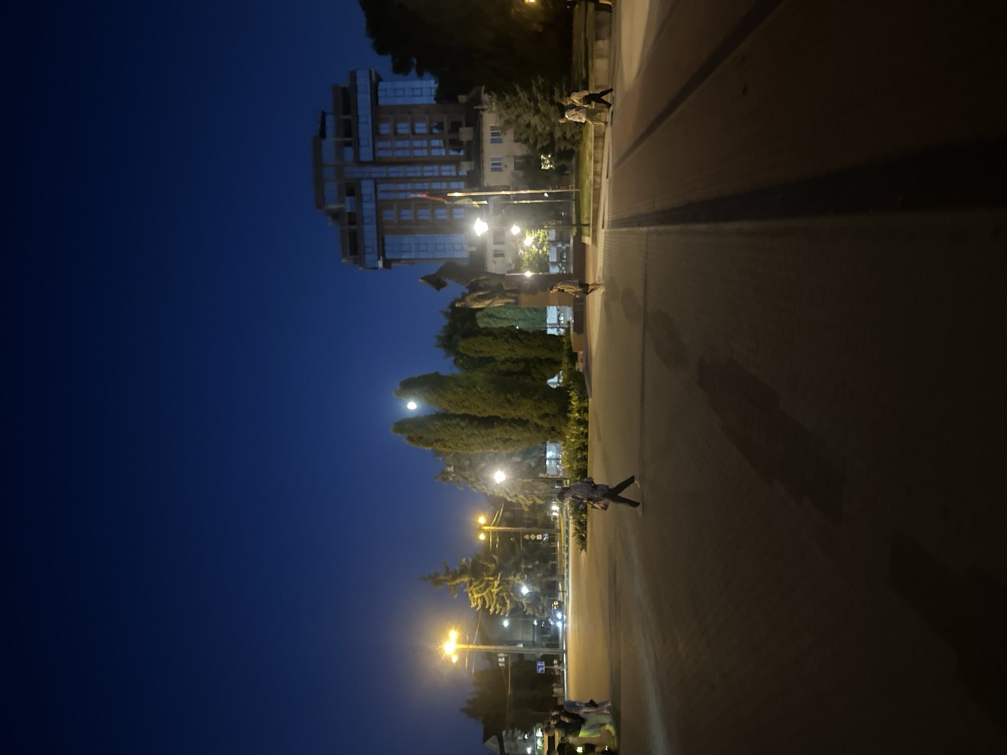 The image captures a night scene in Ternopil, Ukraine, likely in a city square. The sky is a deep, clear blue, indicative of nighttime. In the background, a modern, multi-story building with glass facades stands prominently, reflecting the city lights. To the left of the building, a dark statue or monument is visible, with a flagpole displaying a flag to its right. The ground appears to be paved, with distinct pathways and illuminated areas due to streetlights. Several people are present, walking across the square. One individual in the foreground is walking from right to left, casting a long shadow. Another group of people is visible on the left side of the image, near some streetlights. Tall, conical trees are interspersed throughout the scene, adding to the urban park-like atmosphere. The overall impression is of a well-lit public space in a Ukrainian city at dusk or night.