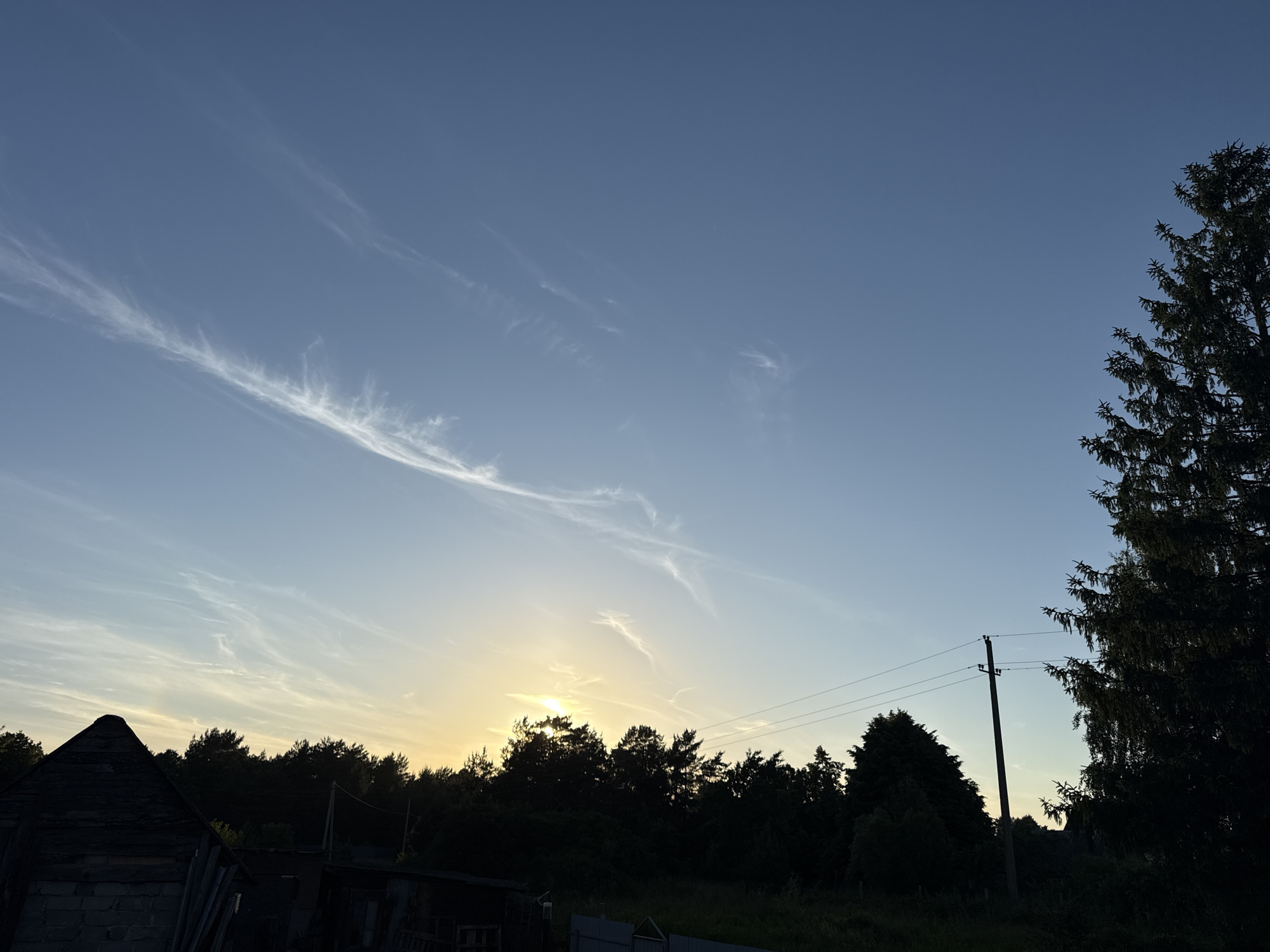 The image depicts a rural landscape at dusk. A clear blue sky dominates the upper portion of the frame, with wispy white clouds stretching across it. The sun is setting, casting a warm glow on the horizon and peeking through the dense silhouette of trees that form a dark band across the middle of the image.
In the foreground, to the left, a dark, angular structure with a pointed roof, possibly a shed or part of a small building, is visible. Further to the right, a utility pole with power lines stretches across the scene, silhouetted against the twilight sky. The ground is covered in grass and foliage, with some fencing visible in the lower right corner. A large evergreen tree stands prominently on the far right, its branches reaching upwards.
The overall mood is peaceful and serene, characteristic of a quiet evening in the countryside. The time of day is clearly dusk, as indicated by the low sun and the fading light. There are no people or animals visible in the image. No text is present.