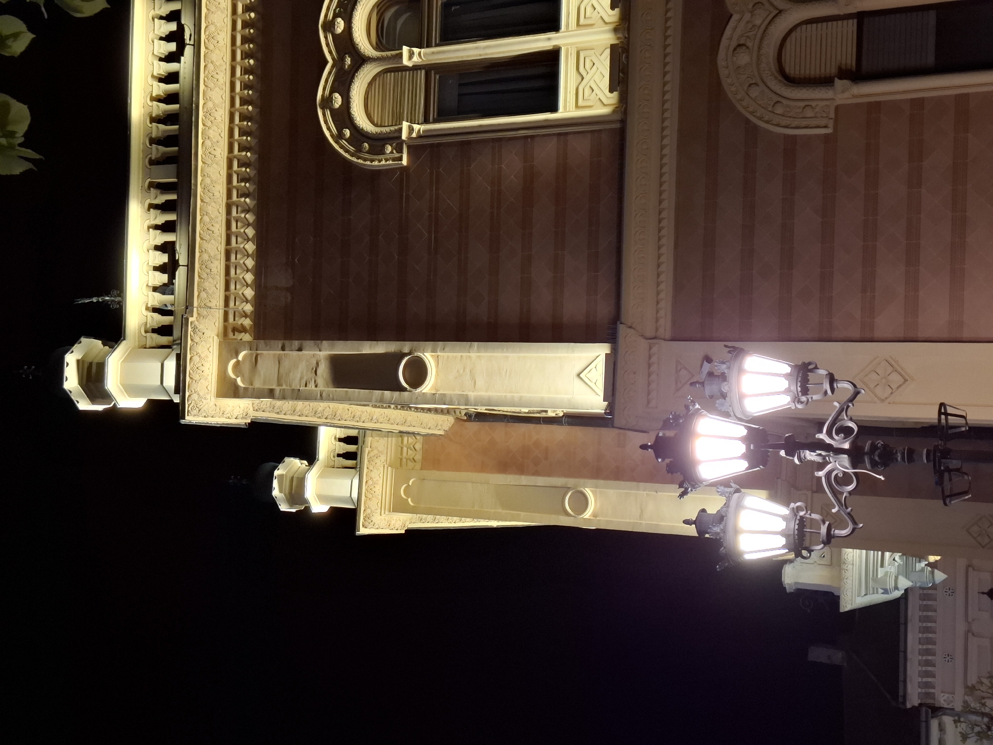 Captured at night in Novi Sad, Serbia, the image showcases an architectural detail of the Serbian National Theatre. The theatre's facade is adorned with a distinctive window design, featuring a cloverleaf pattern. The building's surface has a textured design. A period-style street lamp with multiple glowing light fixtures stands in the foreground. The sky is a void of black.