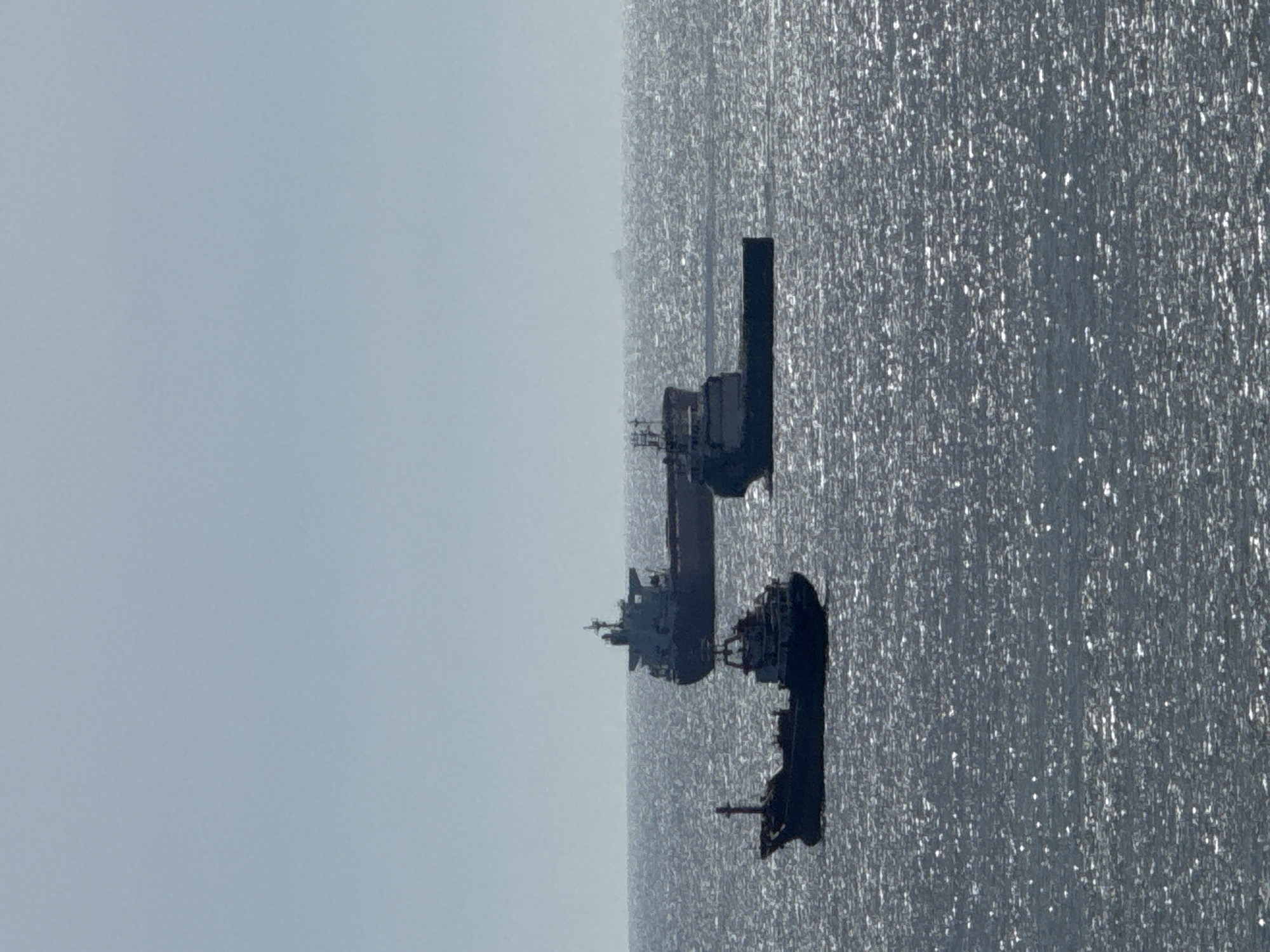 The photograph depicts a maritime scene on a hazy day off Varna, Bulgaria. Three large vessels are visible on open water, under a muted sky.
In the lower right and middle sections of the image, two prominent dark-hulled ships, likely cargo vessels or tankers, are positioned. The ship closest to the foreground appears to be relatively empty, riding high in the water, while the one slightly further back has a distinct superstructure. A third, less distinct vessel is visible further in the distance to the right. The ships appear stationary, possibly anchored or drifting, with no visible wakes indicating active movement.
The water surface is covered in numerous sparkling glints, reflecting bright sunlight and creating a textured pattern of light and shadow. This suggests relatively calm waters but with sufficient light to cause intense surface reflections. The sky occupies the upper left portion of the image and is uniformly light grey to light blue, indicating hazy, overcast, or misty conditions that obscure any distant features or clear cloud formations. The horizon line separating the water from the sky is visible but diffused.
The intense glinting on the water suggests it is daytime, likely mid-morning or early afternoon, despite the atmospheric haze. No people or visible text are discernible in the image. The overall impression is one of quiet maritime activity in somewhat hazy weather conditions.