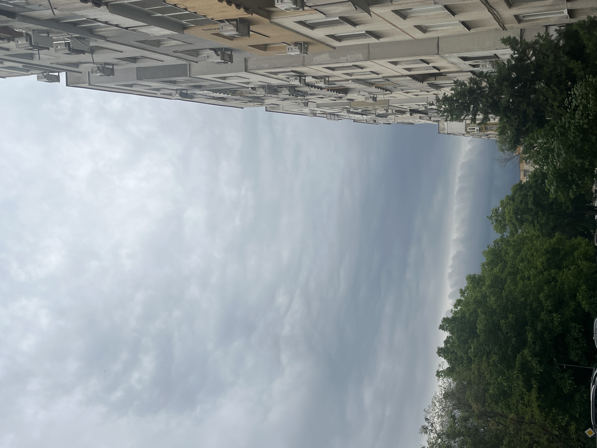 The photograph shows a scene in Plovdiv, Bulgaria, featuring an overcast sky dominating the view, framed by a tall, blocky residential building on the top and a line of dense green trees on the bottom. The building appears to be a Soviet-era apartment block, characterized by repetitive window patterns and attached air conditioning units. The trees are full with dense foliage. The sky is filled with grey clouds, suggesting possible rain. No people are visible.
