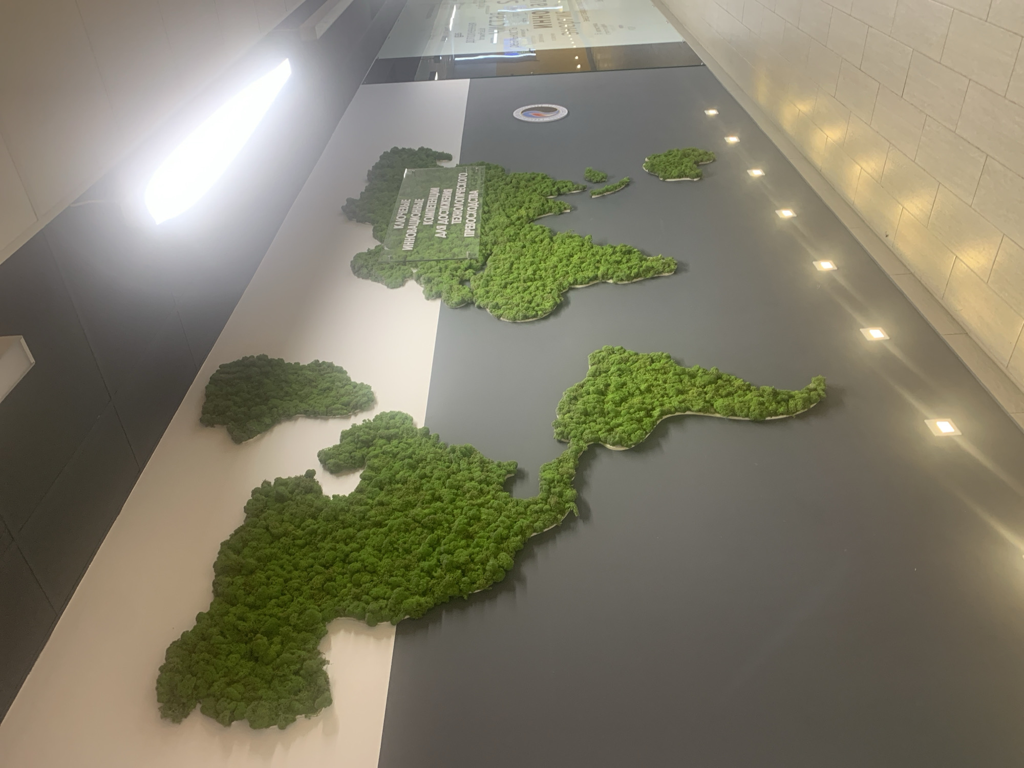 The image displays a modern interior wall installation featuring a large world map crafted from green moss, set against a two-tone wall. The wall is split horizontally, with a clean white section on the left and a dark gray section on the right, providing a striking backdrop for the vibrant green moss continents. No people are present in the scene.
A clear rectangular plaque is prominently mounted over the moss map, covering the area corresponding to Russia and parts of Asia. The text on the plaque is in Russian and reads: "КЛЮЧЕВЫЕ ИННОВАЦИОННЫЕ КОМПЕТЕНЦИИ ДЛЯ ДОСТИЖЕНИЯ ТЕХНОЛОГИЧЕСКОГО ПРЕВОСХОДСТВА," which translates to "KEY INNOVATIVE COMPETENCIES FOR ACHIEVING TECHNOLOGICAL SUPERIORITY." Above the moss map, on the dark gray wall, a circular emblem or logo is visible.
The space is well-lit by artificial sources. A large, bright, elongated light fixture is mounted on the ceiling or upper wall on the left. Along the lower edge of the dark gray wall, a series of square, recessed lights illuminate an adjacent lighter-colored, possibly tiled, wall. Reflections from a glass partition or window are visible in the upper background. This static display, located in Moscow, Russia, suggests an office, lobby, or exhibition space focused on global reach, innovation, and technological advancement. No specific activity or event is taking place.