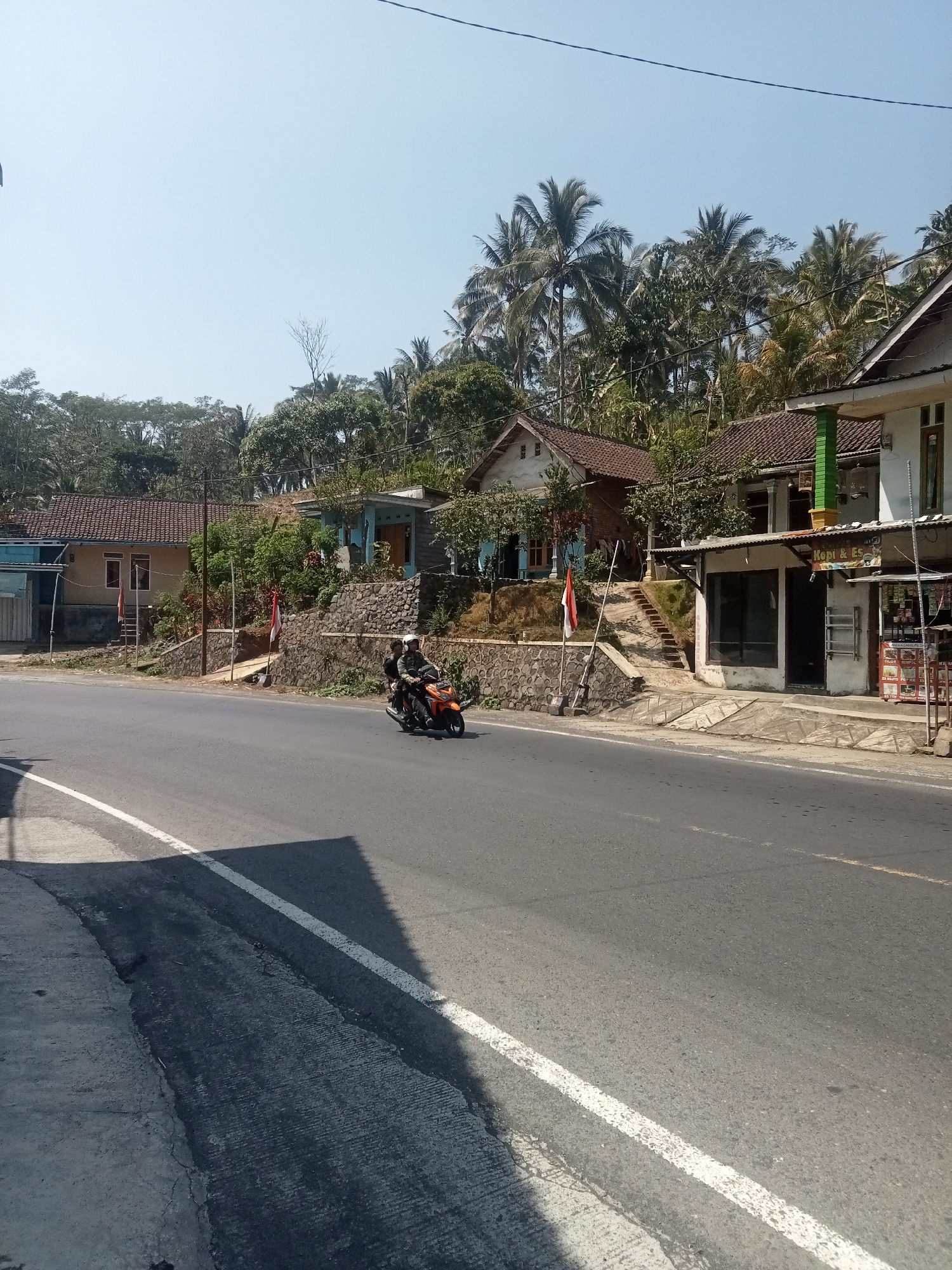 A scene captured on a sunny day depicts a roadside view in Tlogosari, Indonesia. A two-lane asphalt road with a white dividing line runs diagonally across the frame. On the right side of the road, a small building with a white facade features a green pillar and a sign that reads "Kopi & Es". Further down, another shop displays a rack of goods and signage in Indonesian. Adjacent to these buildings, a stone wall supports a raised embankment covered in vegetation. Two Indonesian flags are planted on poles along this embankment. A residential building with a brown tiled roof is visible behind the wall. On the left side of the road, a sidewalk is present, and a building with a blue facade and a white wall is partially visible. In the background, lush green trees and palm trees dominate the landscape, with houses nestled among them. A motorcycle with two riders, both wearing helmets and casual clothing, is in motion on the road, heading away from the camera and towards the right side of the frame. The sky is clear and blue.