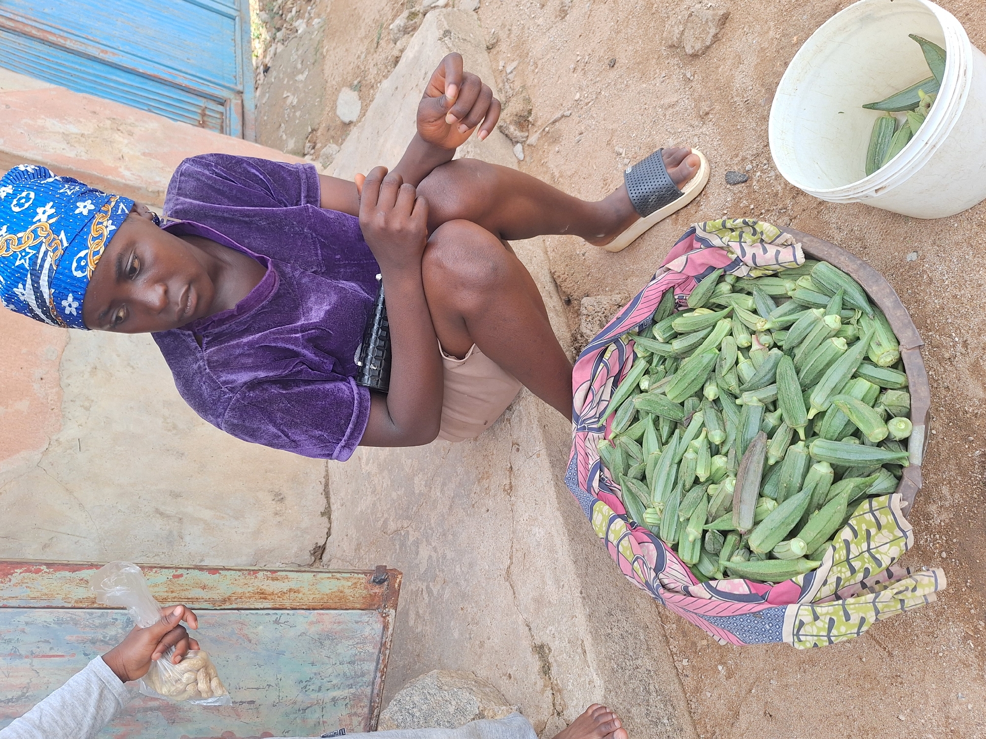 A woman sits on a concrete surface in Sabon Tasha, Nigeria, wearing a blue headscarf and a purple velvet shirt. She is positioned next to a large woven basket filled with okra and a white bucket containing additional okra. She sits cross legged in front of the basket. Another individual hands a bag of ground nuts to the okra vendor. She is barefoot.