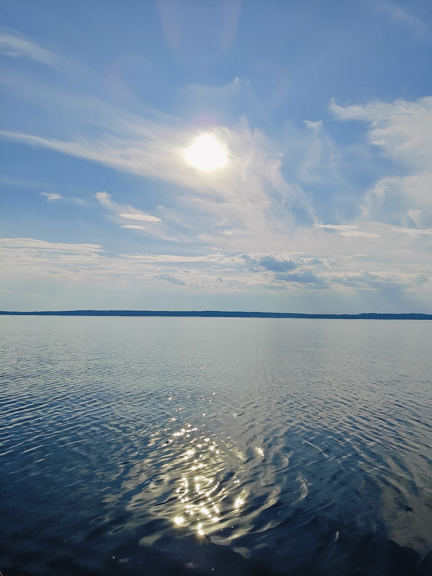 A wide, calm body of water reflects the bright sun and scattered clouds of a clear day. The horizon line is flat and shows a dark, tree-covered landmass in the distance. The water's surface is rippled, creating shimmering patterns of light. The scene is serene and tranquil, suggesting an outdoor natural setting likely in the vicinity of Stepanovo, Russia.