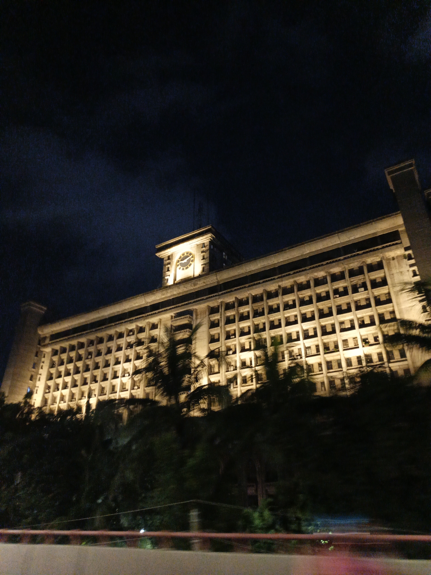 This is a night-time photograph of the Dhaka University Arts building in Dhaka, Bangladesh. The building is illuminated, with lights on in many of its windows, creating a grid-like pattern of warm yellow light against the dark façade. A prominent clock tower, also lit, sits atop the central portion of the building. The foreground is dominated by dark, blurred foliage, suggesting trees or bushes, possibly with palm fronds visible. A blurred, red railing or barrier is visible in the lower part of the image, indicating the perspective is likely from a moving vehicle or elevated viewpoint, perhaps a road or overpass. The sky is a deep, dark blue, with some texture suggesting clouds. The overall impression is of a grand, imposing building at night, set against a dark natural backdrop.