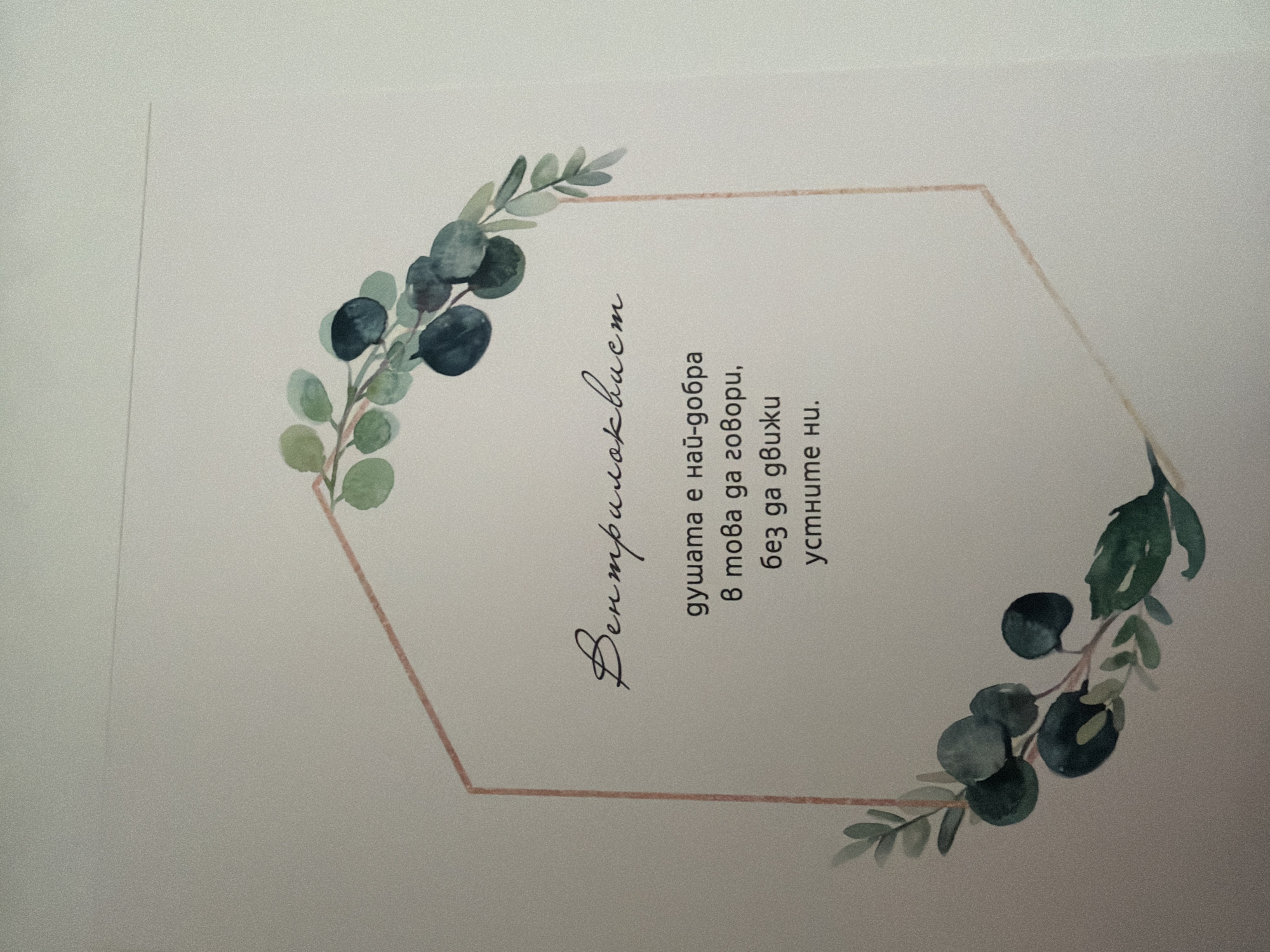 The image is a close-up shot of a greeting card or invitation with a floral design. The background is a plain, light-colored surface, possibly paper or cardstock. A hexagonal outline, rendered in a pale reddish-brown color, is centered in the frame. Inside the hexagon, there is text in Bulgarian, written in two different fonts. The first line is in a cursive, elegant script, while the subsequent lines are in a standard sans-serif font.
The text appears to read:
"Вентриракваст" (in cursive)
"душата е най-добра"
"в това да говори,"
"без да движи"
"устните ни."
Adorning the top and bottom edges of the hexagon are watercolor illustrations of eucalyptus branches, featuring shades of green and dark blue leaves. The image does not contain any people, actions, or interactions. The environment is a still, decorative presentation of a written message. There is no information in the image to suggest a location in the city of Pazardzhik, Bulgaria, or any other specific geographical location.
