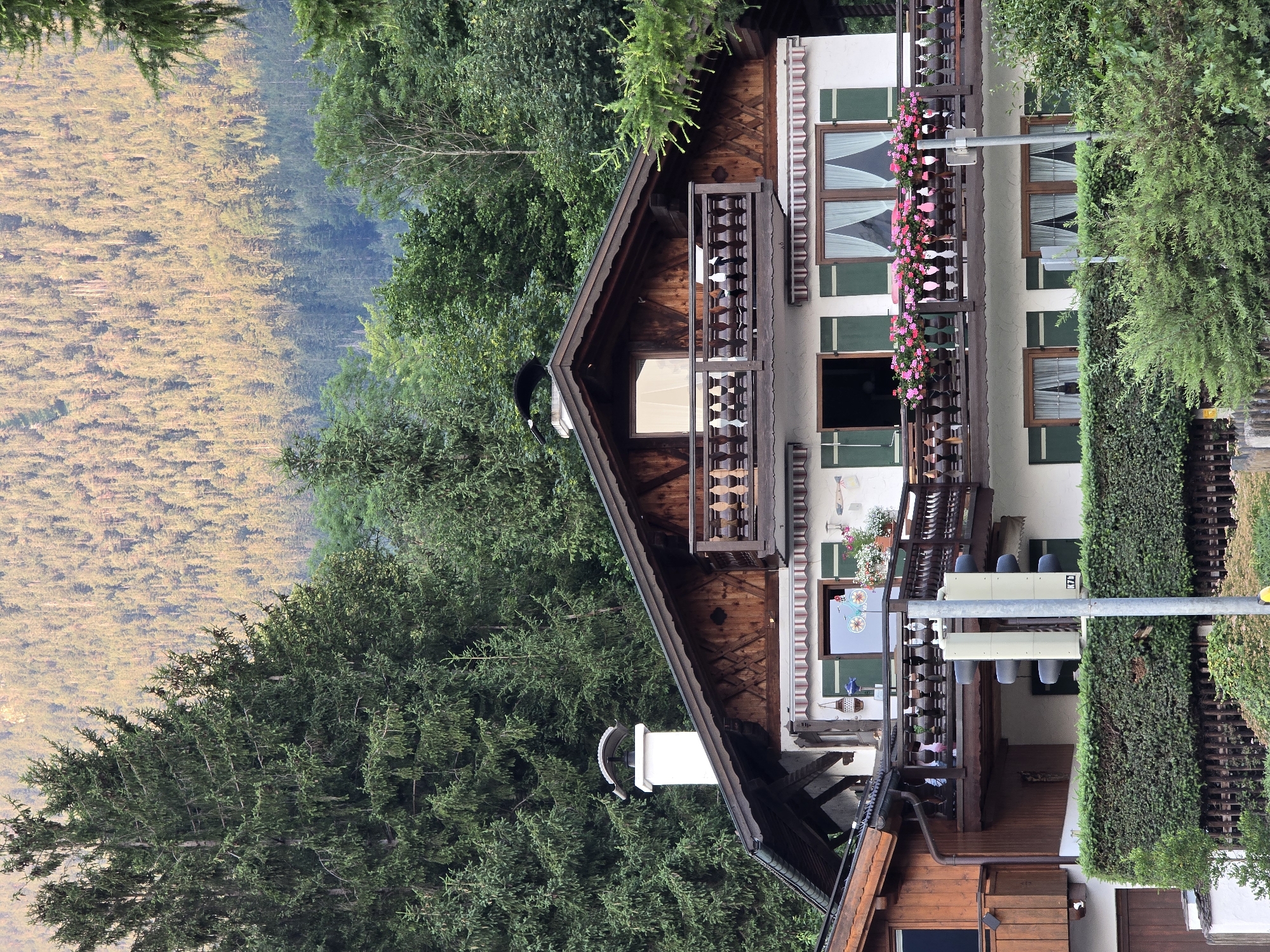 The image depicts a charming, multi-story chalet-style building nestled amidst lush green trees and a scenic mountainous landscape, likely Garmisch-Partenkirchen, Germany. The building features traditional wooden architecture with a pitched roof, balconies adorned with flower boxes overflowing with pink blooms, and large windows with green shutters. The surrounding vegetation is dense, with towering pine trees framing the building and a background of a hillside covered in a mix of green and autumnal-colored foliage.
The scene appears to be a still shot, with no discernible activity or event taking place. The time of day is not explicitly clear, but the lighting suggests it could be daytime, possibly late afternoon given the quality of light. The weather seems pleasant, with the greenery suggesting recent or ongoing good weather.
Notable details include the intricate wooden railings of the balconies, a white chimney on the roof, and a traffic light pole with multiple signals positioned in front of the building. Faint text is visible on a sign on the traffic light pole, appearing to be "17A". Decorative elements like small blue fish and bicycle figures are visible hanging from the balconies. The overall impression is one of a tranquil, picturesque mountain retreat.