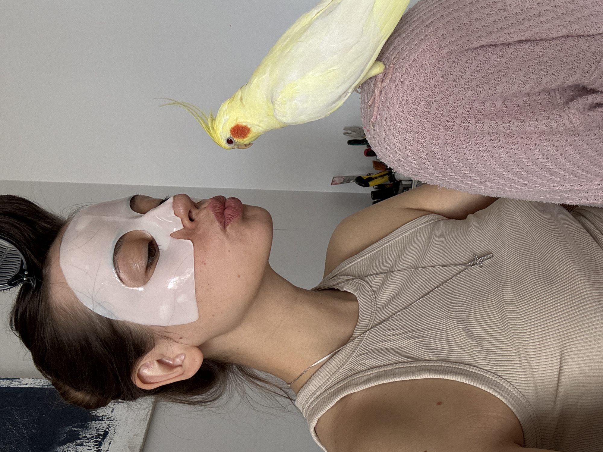 A woman with a face mask and a light yellow cockatiel bird are the subjects in this indoor shot. The woman lies on her back, wearing a tan tank top and a silver necklace with a cross pendant. A white sheet mask covers her face. Her lips are pursed, as if in a kiss. The bird perches above her on a pink waffle-patterned surface. Behind the bird are colorful items. The background is a plain white surface. A portion of what looks like an art piece is in the lower left. The scene does not contain information to determine a location.