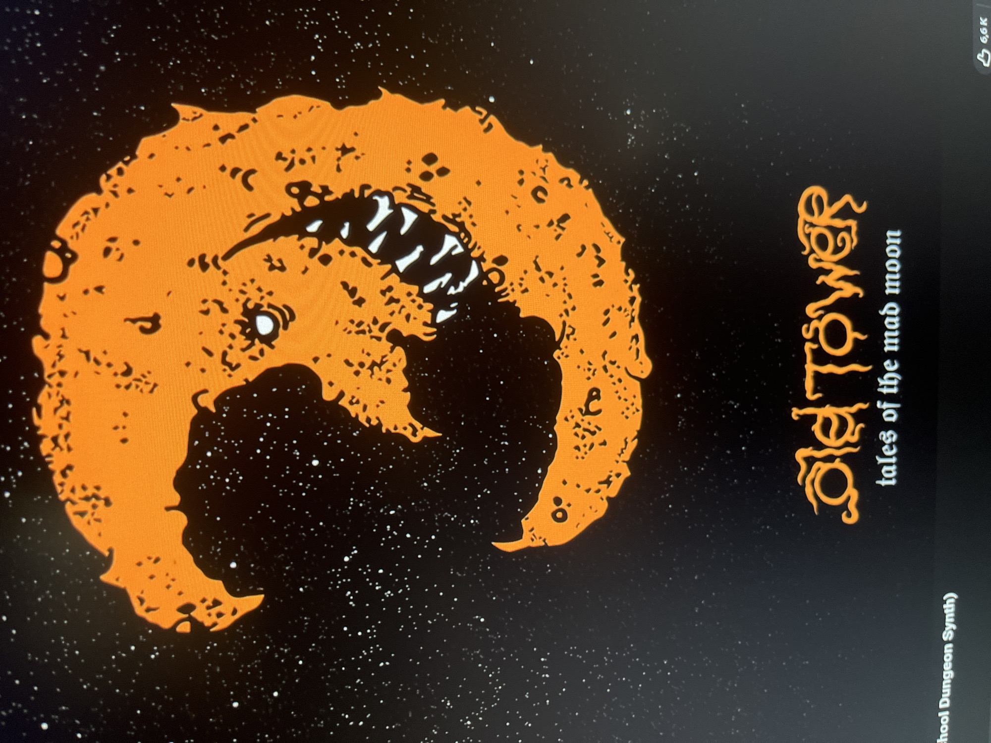 The image is an album cover featuring an orange, grotesque moon with teeth in a black space-themed background with stars. To the right of the moon is the album name and title "Old Tower: tales of the mad moon" in a vertical orientation. The image does not depict any location in Buenos Aires, Argentina, nor people, subjects, objects, actions, or interactions related to that city.