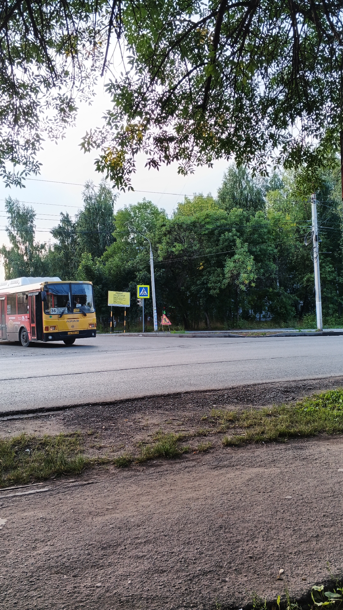 In Izhevsk, Russia, a yellow bus with the number "36" displayed on its front navigates a paved road. The bus, bearing markings that suggest it is a public transport vehicle, is moving from left to right across the frame. The road surface shows signs of wear. Adjacent to the road, a sidewalk or verge is visible, with sparse grass growing. In the background, a dense line of trees forms a green canopy. A lamppost stands by the roadside, and a pedestrian crossing sign is prominently displayed, indicating a designated area for people to cross. Nearby, a smaller orange and white warning sign is placed on the ground, possibly related to road work or a temporary hazard. The sky above is overcast. The overall scene depicts a typical urban streetscape with elements of transportation infrastructure and natural foliage.