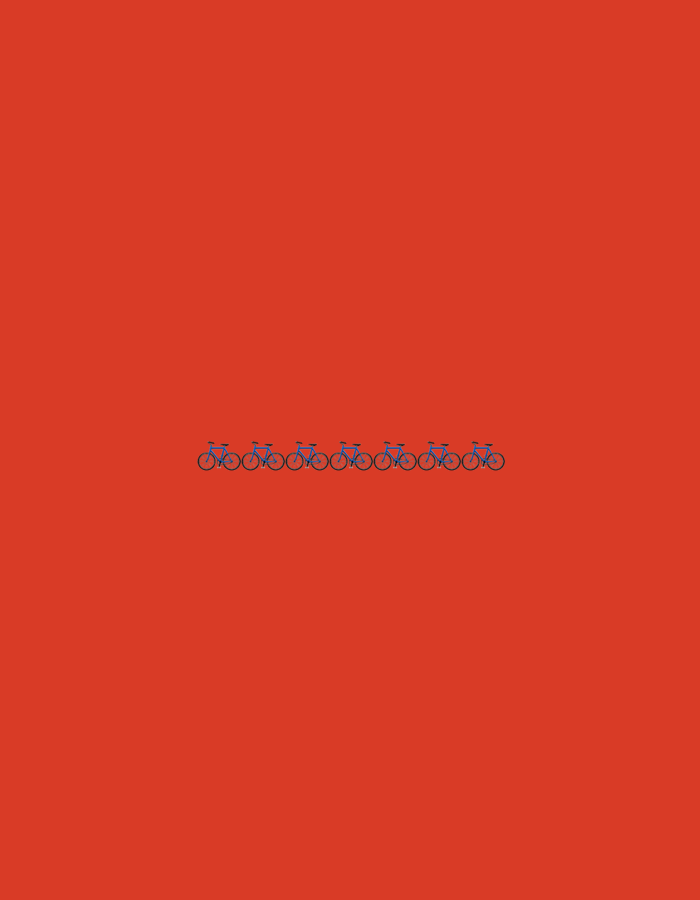 The image shows a minimalist composition against a vibrant red background. In the lower-middle section of the frame, a line of eight identical blue bicycles is evenly spaced. The bicycles are depicted in profile, facing left, and appear to be of a road bike style. The background is a solid, unvarying shade of red, providing a stark contrast to the blue bicycles. There are no people, animals, or other objects visible in the scene. The image does not contain any elements that would allow for the identification of a specific location in the city of Gorzow, Poland, or any other geographical area.