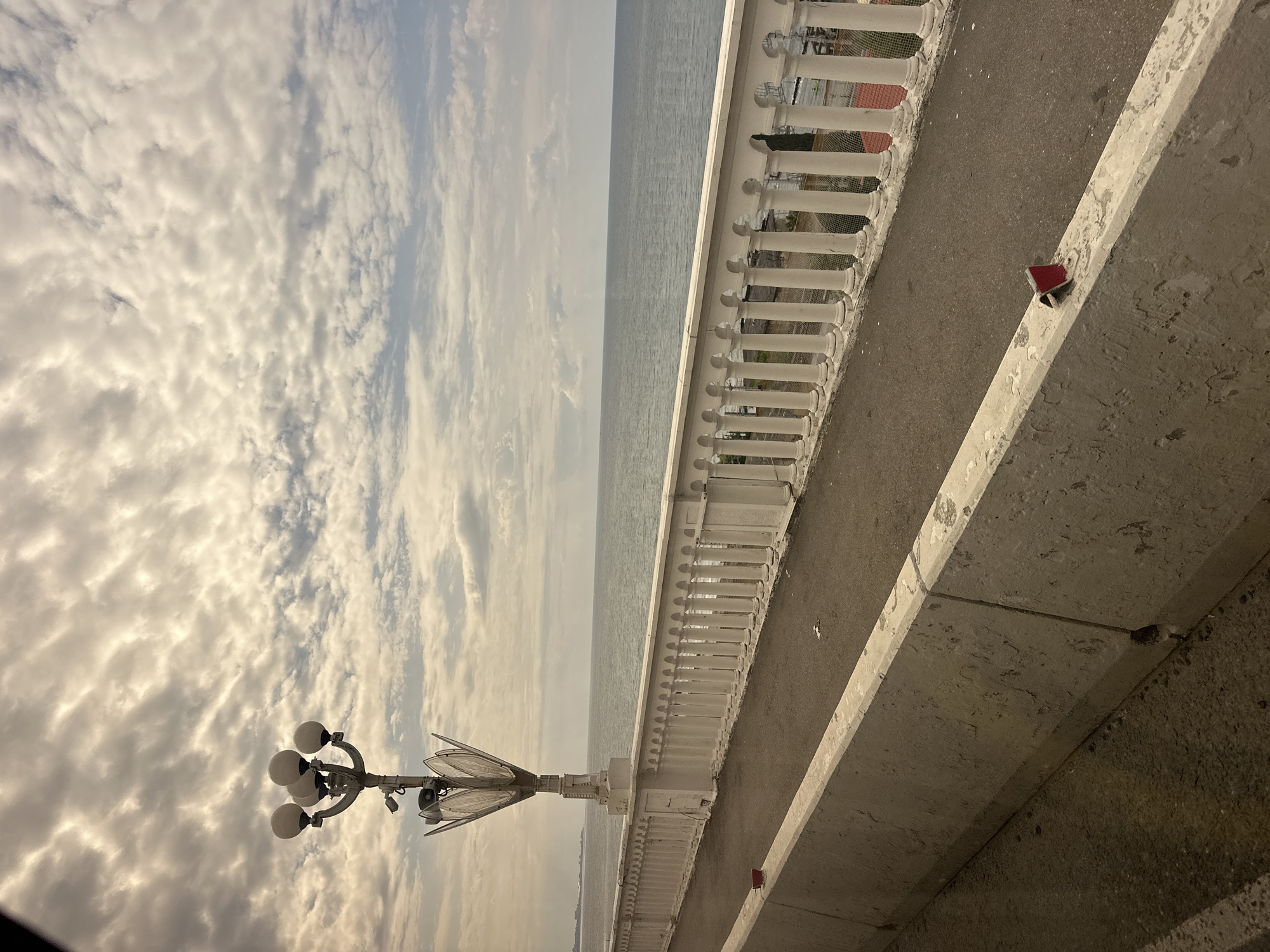This image depicts a scenic view of the Black Sea coastline in Sochi, Russia. The foreground features a concrete barrier and a pedestrian walkway. The walkway is bordered by a decorative white railing with classical-style columns. A tall lamppost with multiple globes stands on the walkway, and further down, a glimpse of buildings and greenery can be seen along the coast. The sea stretches out to the horizon under a cloudy sky. The overall atmosphere is serene and coastal.