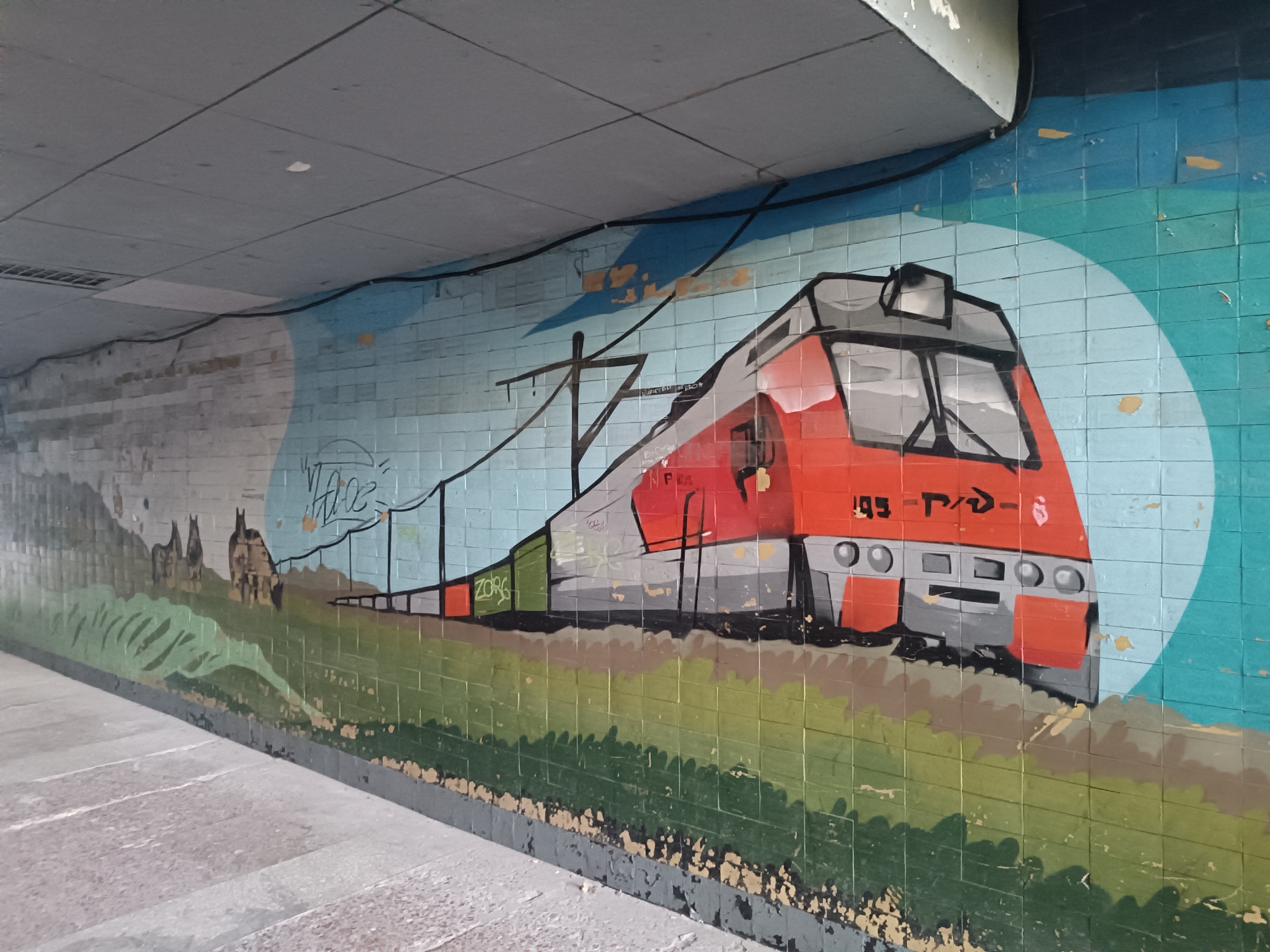 The image depicts a vibrant graffiti mural on a tiled wall within an underpass in Novocherkassk, Russia. The mural features a stylized depiction of a red and gray train with large headlights, painted against a backdrop of blue sky and a grassy landscape. Several horses are visible in the background on the left side of the mural. The underpass itself appears to be constructed of concrete and tiled surfaces. The lighting suggests it is daytime. The overall condition of the mural and the underpass indicates signs of wear and tear, with some peeling paint and discoloration on the tiles.