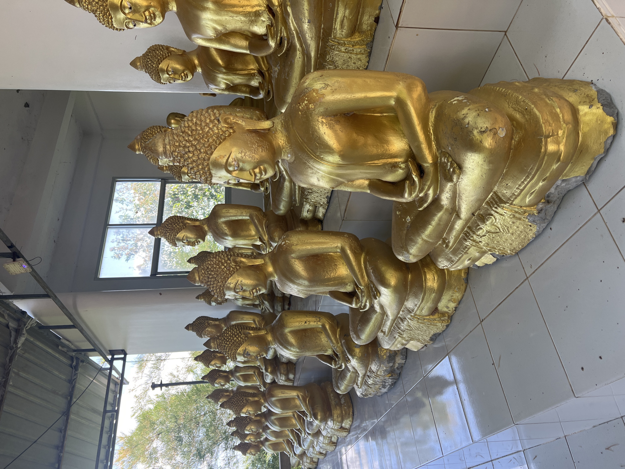 A row of golden Buddha statues sits in a sheltered outdoor area on Ko Samui District, Thailand. The statues are positioned on a tiled floor and are arranged in multiple rows, receding into the background. The statues are all in a seated meditation pose. The environment appears to be part of a temple or religious site, with a corrugated metal roof extending over the statues and a white wall behind them. Sunlight streams in from the right, illuminating the golden statues and casting soft shadows. Trees and foliage are visible through a window or opening in the background. The statues show some signs of age, with minor wear and tear visible on their surfaces.