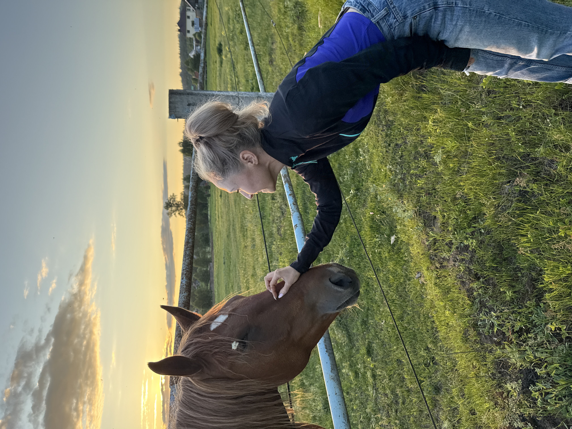 An outdoor, eye-level shot captures a woman interacting with a brown horse at dusk in Opary, Russia. The woman, with blonde hair styled in a bun, is leaning towards the horse, gently touching its nose with her right hand. She is wearing a black and blue jacket and blue jeans. The horse is positioned to the left of the frame, facing the woman. A metal fence runs horizontally between them. The background features a green grassy field, trees, and houses in the distance, under a sky filled with soft clouds and the warm hues of a sunset.