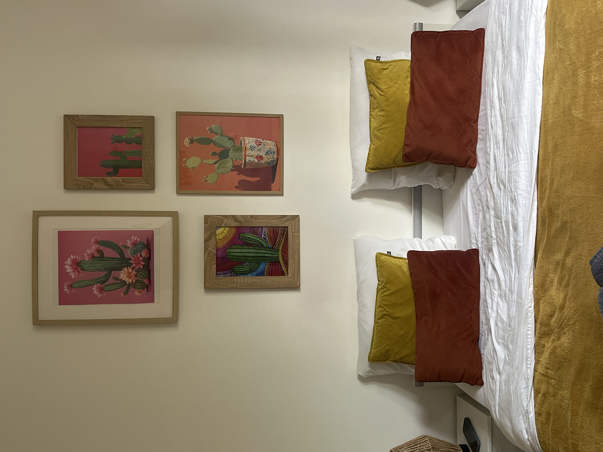 This media file captures an interior scene, likely a bedroom or dormitory, characterized by a warm color palette and cactus-themed decor. The setting features a light-colored wall, possibly off-white or cream, adorned with four framed artworks.
On the left side of the image, arranged in a grid, are four pictures of cacti. The top left frame contains an illustration of green cacti against a solid red background. To its right, the top right frame displays a potted prickly pear cactus with small flowers, set against an orange-red background; the pot is decorated with a colorful floral pattern. Below these, the bottom left frame features a cactus with prominent pink blooms on a vibrant pink background. The bottom right frame shows a stylized green cactus against a background filled with colorful, abstract patterns, possibly geometric or tribal in style. All frames appear to be made of light-colored wood.
To the right side of the image, a bed is visible, oriented such that its head is towards the top of the frame. The bed is dressed with a white pillowcase, a rectangular mustard yellow decorative pillow, and a similarly shaped rust or burnt orange decorative pillow. A white crumpled duvet or sheet covers the bed, topped with a mustard yellow blanket or throw. The metal frame of the bed is partially visible near the pillows. At the very bottom right, a small wicker basket and the tops of what appear to be shoes are partially visible, suggesting items on the floor beside the bed.
No specific activity is taking place, and the scene is static. The lighting suggests daytime. A small, illegible black tag is visible on the mustard yellow decorative pillows. The overall impression is one of a decorated, inviting personal space.