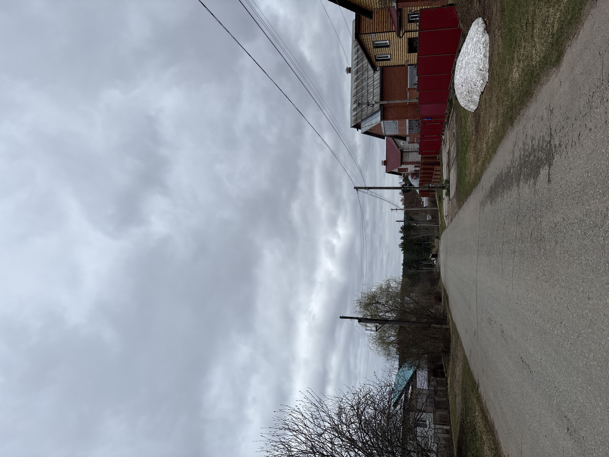 The image presents a quiet, residential street scene, likely in early spring, in what is identified as Прикамский, Russia. The perspective looks down a paved road that stretches into the distance, bordered by houses and natural elements under an overcast sky.
On the left side of the frame, several houses are visible, showcasing a mix of architectural styles, including wooden siding and brickwork, some with red roofs. A prominent red corrugated metal fence runs along the property lines in front of these homes. Overhead, numerous power lines crisscross the sky, supported by utility poles, one of which is clearly visible in the mid-ground.
The asphalt road, appearing somewhat weathered and damp in places, occupies the center-right of the foreground and mid-ground. To the immediate right of the road, a strip of sparse, brown-green grass is visible. A notable feature on this grassy verge is a large, irregularly shaped mound of melting snow or ice, a strong indicator of the season transitioning from winter to spring. Further along the right, a mix of bare deciduous trees and some distant evergreens line the street, with a denser forest forming the distant horizon. Part of another house with a distinctive blue roof can be seen nestled among the trees on the right.
The sky is completely covered with thick, gray clouds, creating a diffused, shadowless light across the entire scene. This suggests a cloudy or gloomy day. There are no people visible, and no specific activities or events are taking place, contributing to the tranquil and still atmosphere of the street. No discernible text is present in the image.
