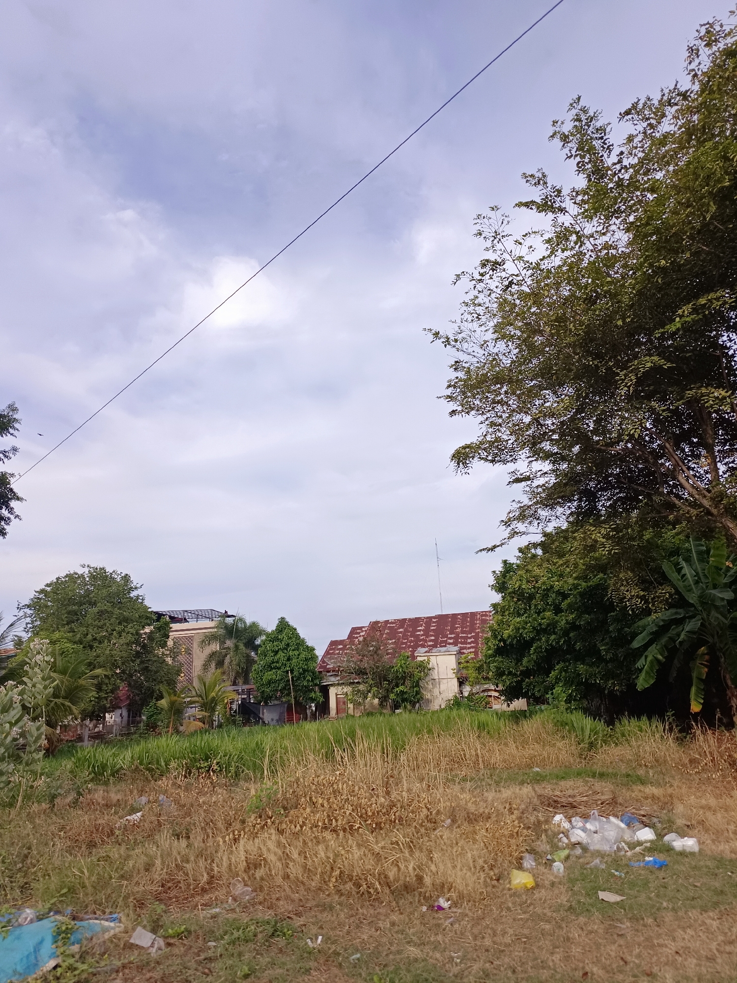 The image captures an outdoor scene, likely in Mesjid Tuha, Indonesia, featuring a patch of dry, tall grass in the foreground, littered with various types of trash including plastic bottles, bags, and wrappers. A blue tarp is partially visible in the lower left corner. Behind the grassy area, a line of green trees and foliage forms a natural barrier, interspersed with buildings. One building, with a red tiled roof and a patterned facade, is prominent. Another building, partially obscured by trees, appears to have a modern design with a flat roof and solar panels. The sky above is overcast with scattered clouds. A thin dark wire stretches diagonally across the upper portion of the frame. No people are visible in the image.