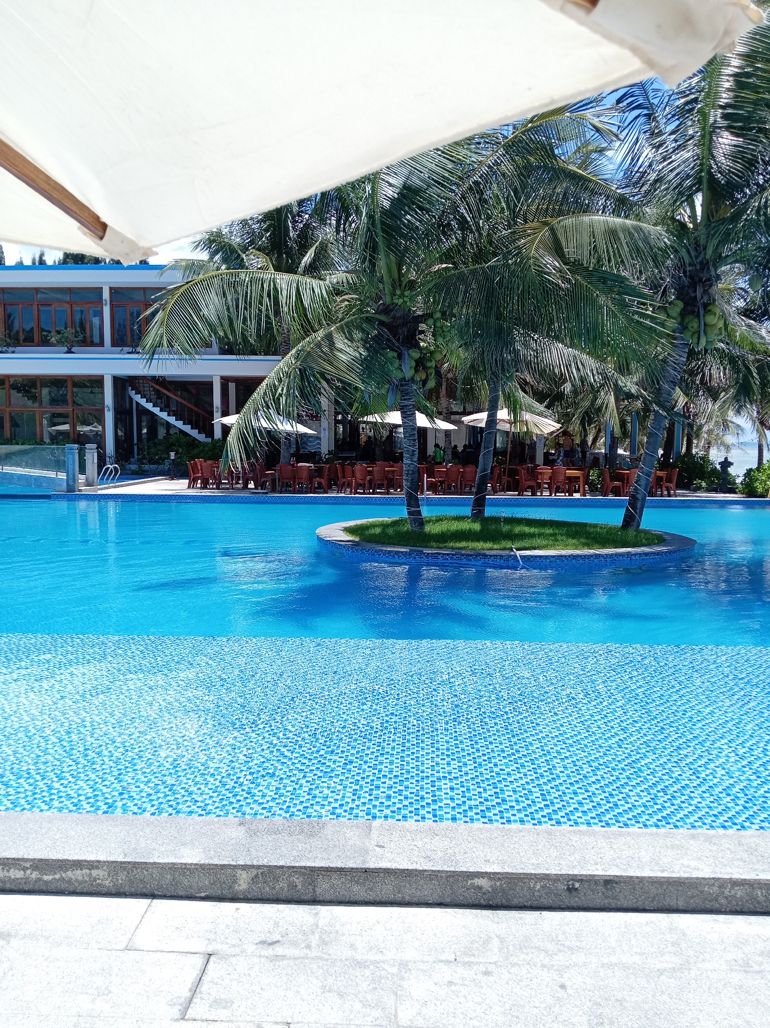 This is a photograph taken at a resort swimming pool in Dong Ninh Hoa, Vietnam. The foreground shows the edge of a large, bright blue swimming pool with a tiled bottom. Beyond the pool is a lush island with several palm trees and green grass. In the background, there is a multi-story building with large windows and an outdoor seating area with tables and chairs set up under umbrellas. Several palm trees are visible throughout the scene, and the sky is a clear blue. The overall impression is one of a sunny, tropical vacation destination.
