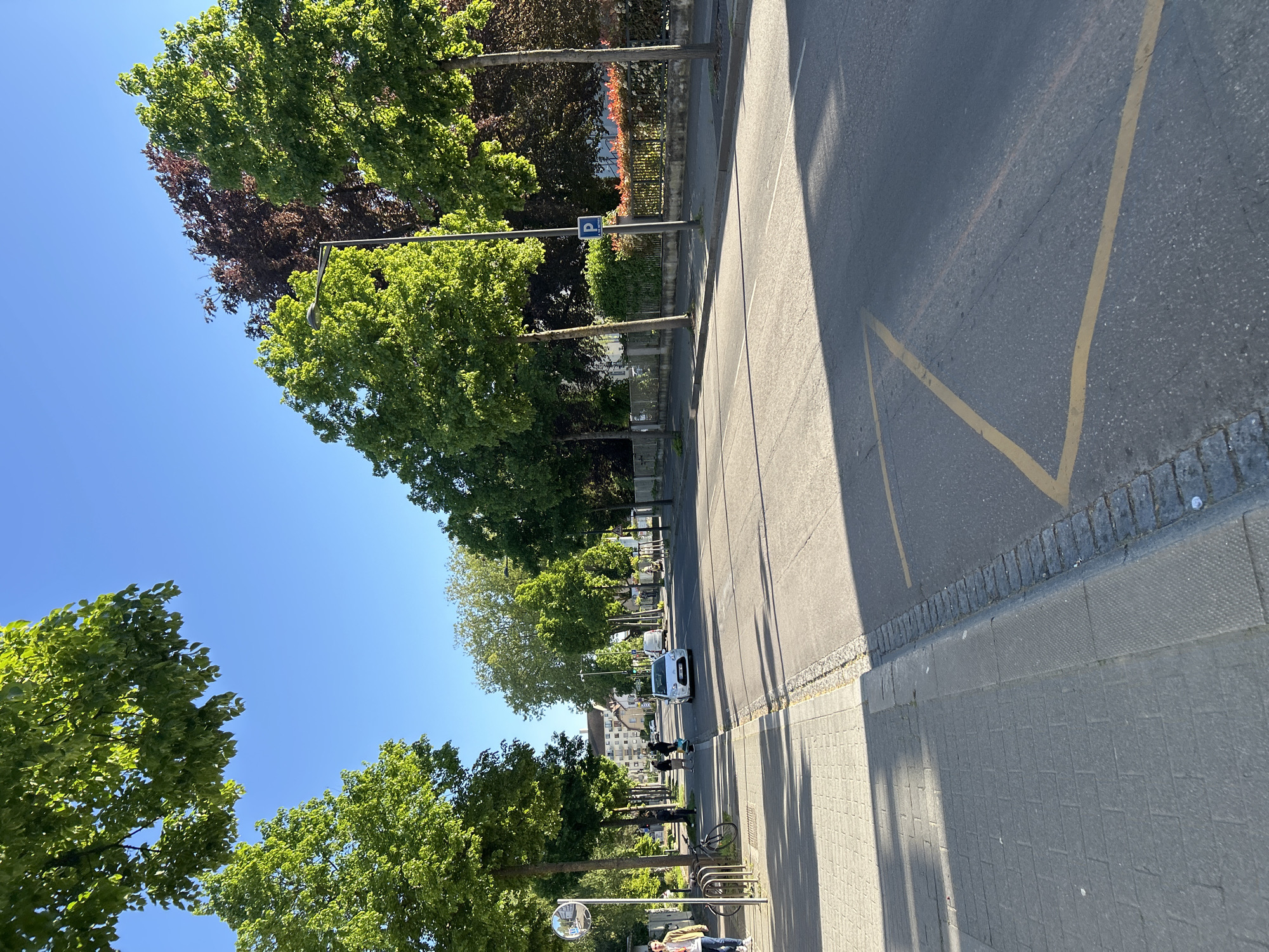 The image depicts a bright, sunny street scene in Strasbourg, France, characterized by lush greenery and clear skies. The perspective is slightly elevated, looking down a tree-lined street.
On the left side, several large, deciduous trees with vibrant green foliage dominate the frame, casting long shadows across the ground. A clear, deep blue sky is visible above and through the tree canopy. Some trees further back exhibit reddish-brown leaves.
The center of the image features an asphalt road with visible yellow markings, possibly indicating a no-parking zone or bus stop area, and cracks in its surface. Long, distinct shadows from trees and poles stretch across the road, suggesting it is either morning or late afternoon. A light-colored compact car, possibly white, is visible on the road further down.
To the right of the road is a wide sidewalk paved with grey rectangular blocks. A grey curb separates the road from the sidewalk, with a strip of cobblestones running alongside it. Several people are visible on the sidewalk further down the street; one individual is standing near a bicycle rack with a bicycle, next to a pole holding a large, round convex mirror. Another person appears to be seated or leaning near the bottom right.
A blue square sign with a white "P," indicating parking, is mounted on a pole near the middle of the scene. In the background, beyond the trees and other street furniture, several multi-story buildings with light-colored facades are discernible, typical of urban European architecture. The overall impression is one of a peaceful, well-maintained urban environment on a clear day.
