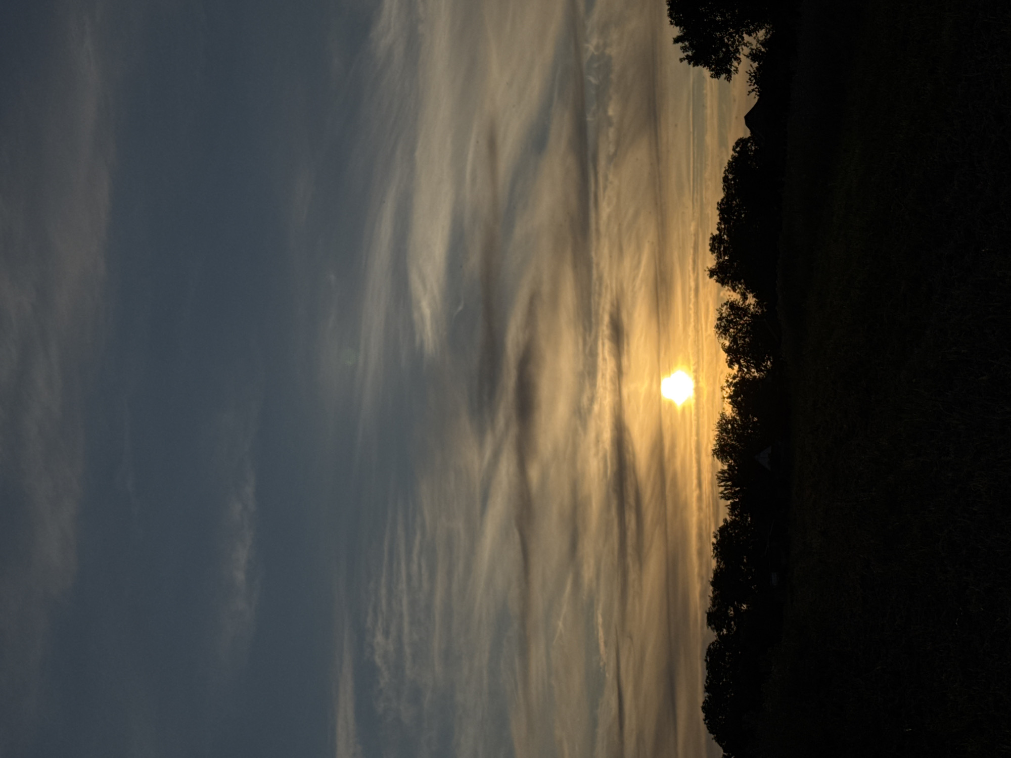 The image depicts a sunset over a rural landscape. The sky is filled with wispy clouds, transitioning from a deep blue at the top to warm oranges and yellows near the horizon where the sun is visible as a bright orb. Silhouetted against the sky is a line of trees and vegetation forming the horizon. In the mid-ground, the silhouettes of a few small structures, possibly houses or farm buildings, can be discerned among the trees. The foreground is a dark silhouette of a field, likely covered in grass or crops. The location is specified as Chervonosilske, Russia. There are no people or active interactions visible in the image.