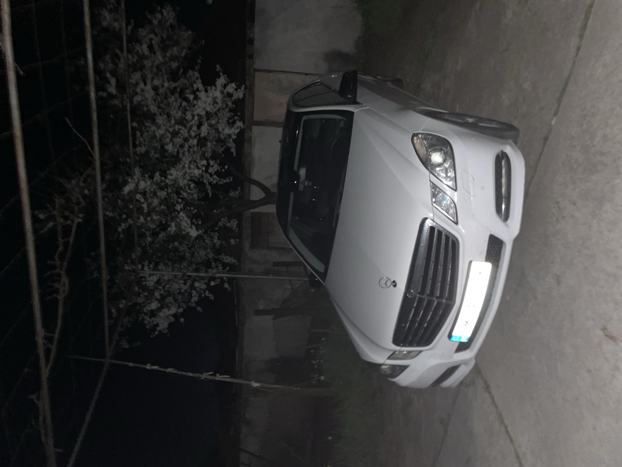 The image depicts a white Mercedes-Benz E-Class parked on a concrete surface. The car is positioned at an angle, facing toward the right of the frame. A flowering tree is visible on the left side of the image. The background is dark and indistinct, suggesting it's nighttime. The image was captured in the city of Zlatograd, Bulgaria.