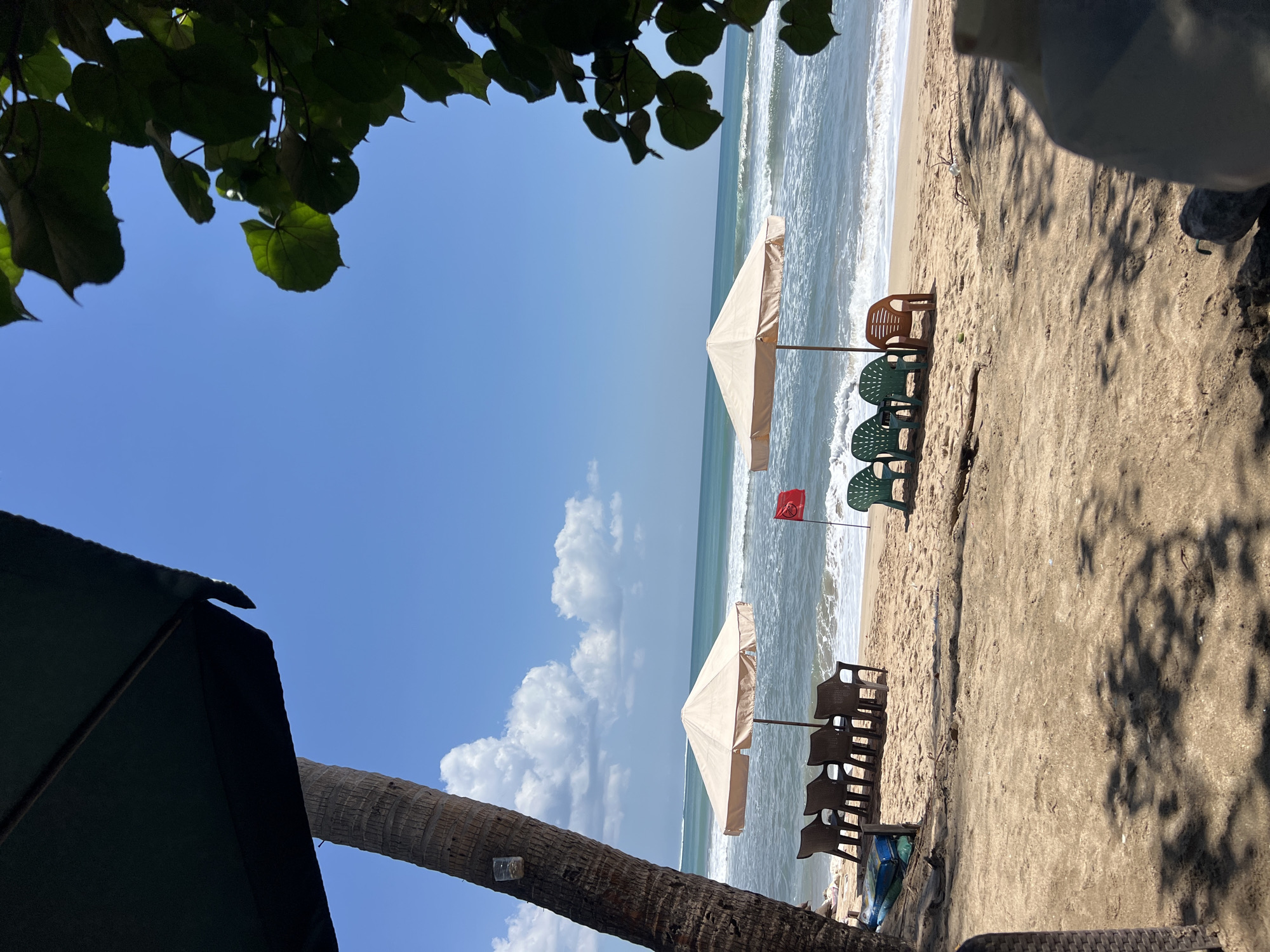 The image depicts a serene beach scene in Kuta, Indonesia, under a clear blue sky dotted with fluffy white clouds. In the foreground, a patch of sandy beach is visible, with shadows of palm trees and foliage cast across it, suggesting a partially shaded area. To the left, the rough bark of a palm tree trunk stands prominently, with a small plastic cup attached to it.
Further into the scene, several beach chairs are arranged on the sand. To the left, a row of four dark-colored plastic chairs faces the ocean, positioned beneath a light-colored umbrella. To the right, another umbrella shades a row of three green plastic chairs and one orange plastic chair. A small red flag with a circular symbol is planted in the sand near the umbrellas.
The ocean stretches out to the horizon, with gentle waves rolling onto the shore. The water is a clear turquoise color, transitioning to a deeper blue further out. The overall impression is one of tranquility and relaxation, typical of a beach resort in Kuta.