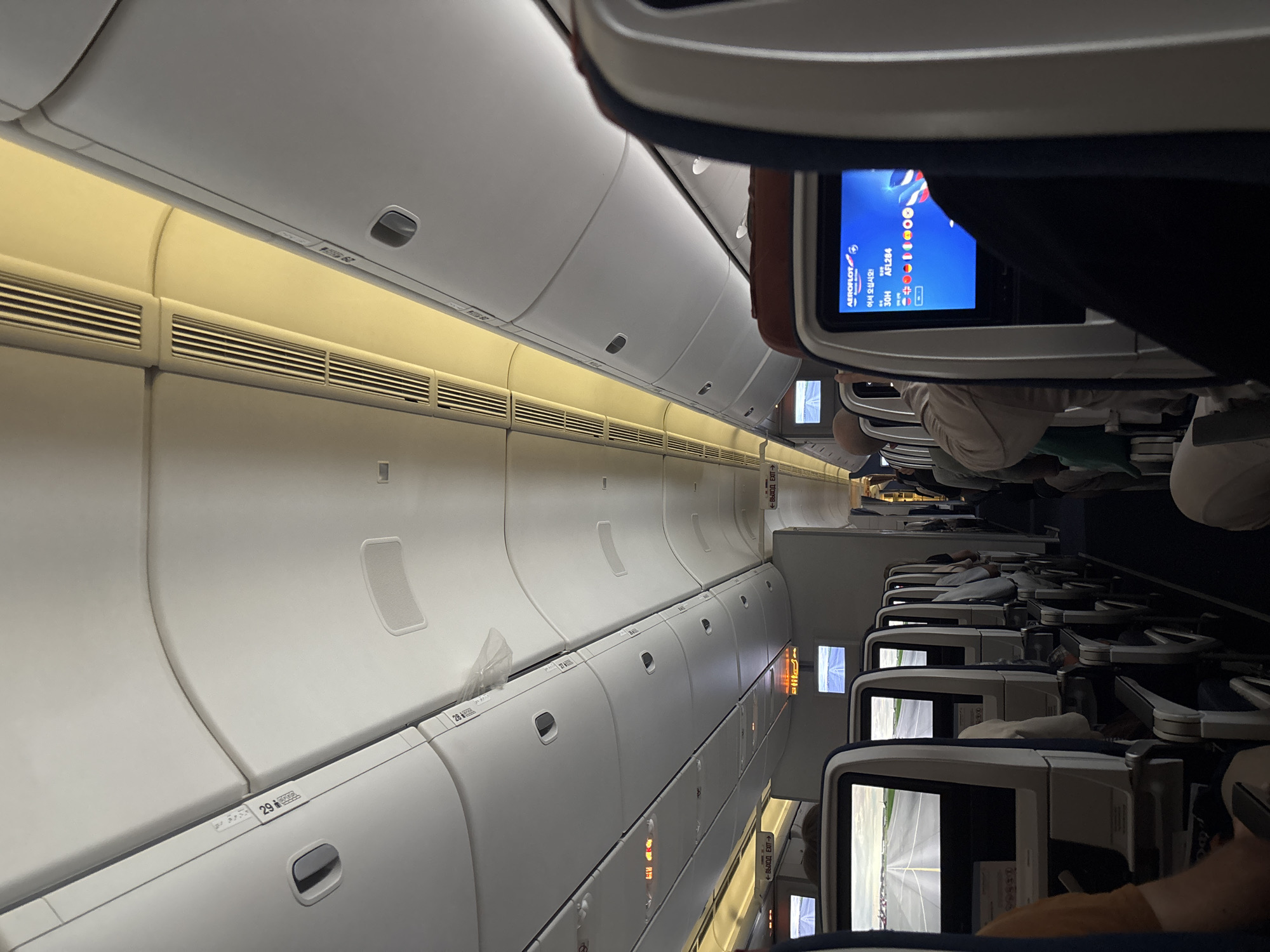 The media file depicts the interior of an airplane cabin, likely a commercial flight. The perspective is from a passenger's seat, looking down the aisle. Rows of seats with individual entertainment screens are visible on the right, many displaying static images or information. On the left, overhead compartments and air vents line the curved ceiling of the aircraft.
Several passengers are present, though most are not clearly visible, appearing as silhouettes or partially obscured by their seats and headrests. One passenger's arm and hand are visible in the foreground on the right. The cabin is illuminated by a warm, yellow overhead light, suggesting it might be evening or night, or the cabin lighting is set to a lower, more ambient level.
On one of the in-flight entertainment screens, the Aeroflot logo is visible, along with flight information including "AFL284" and "30H". Several national flags are also displayed on the screen, possibly indicating destinations or crew nationality. Signs with Russian text, such as "ВЫХОД EXIT", are visible on the wall, indicating emergency exits and confirming a Russian context.
The overall impression is one of a typical, uneventful flight in progress. The environment appears clean and orderly. There are no strong indicators of specific weather conditions outside, and the emotions of the passengers are not discernible. The location is identified as Khimki, Russia, which is a city in Moscow Oblast, known for being near Sheremetyevo International Airport, a major hub for Aeroflot.