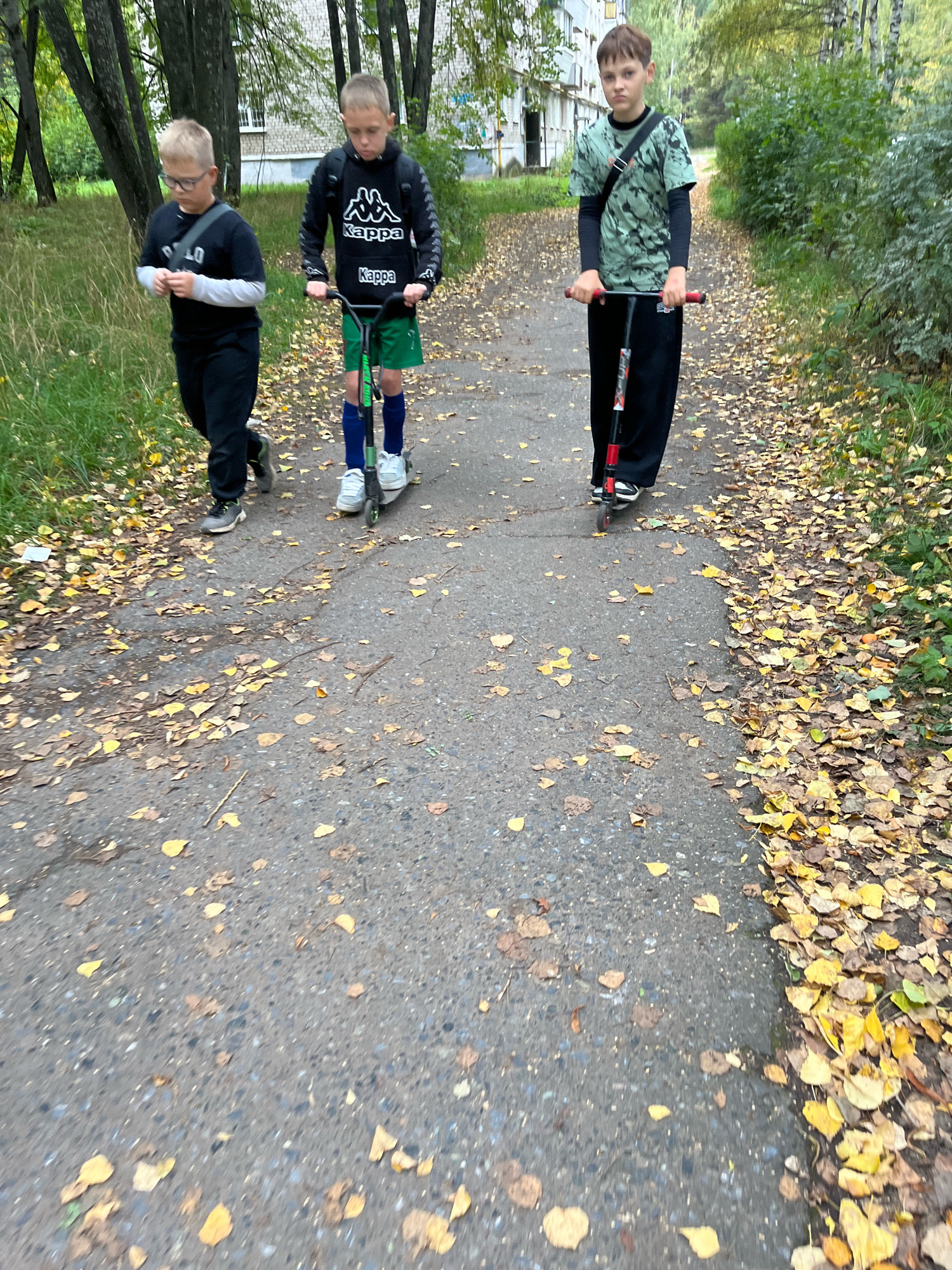Three young boys are depicted outdoors on a paved path in Chaikovsky, Russia, during autumn. The path is covered with fallen yellow and brown leaves. On the left, a boy wearing glasses, a black long-sleeved shirt, and black pants is walking. He is holding a mobile phone in his right hand. To his right, a boy in a black hooded sweatshirt with white lettering and green shorts is riding a kick scooter. He is wearing blue socks and white sneakers. In the center-right, another boy in a green t-shirt with a black and white pattern, black long-sleeved undershirt, and black pants is riding a kick scooter. His scooter has red handlebars and a black and red frame. Behind them, trees with sparse leaves and a multi-story building are visible, suggesting an urban or suburban environment. The lighting suggests it is daytime, likely overcast.