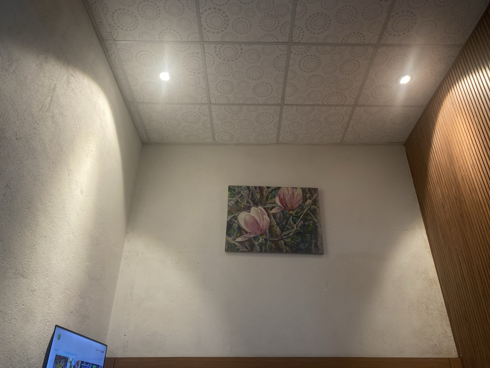 The image shows a ceiling with a circular pattern, two recessed lights, and a wall with a painting of two pink flowers. The wall on the right has vertical wooden slats. A television screen is visible at the bottom left, displaying a colorful menu. The scene appears to be indoors, possibly in a room in Đà Nẵng, Vietnam, given the context. The lighting suggests it is daytime or a well-lit interior space.