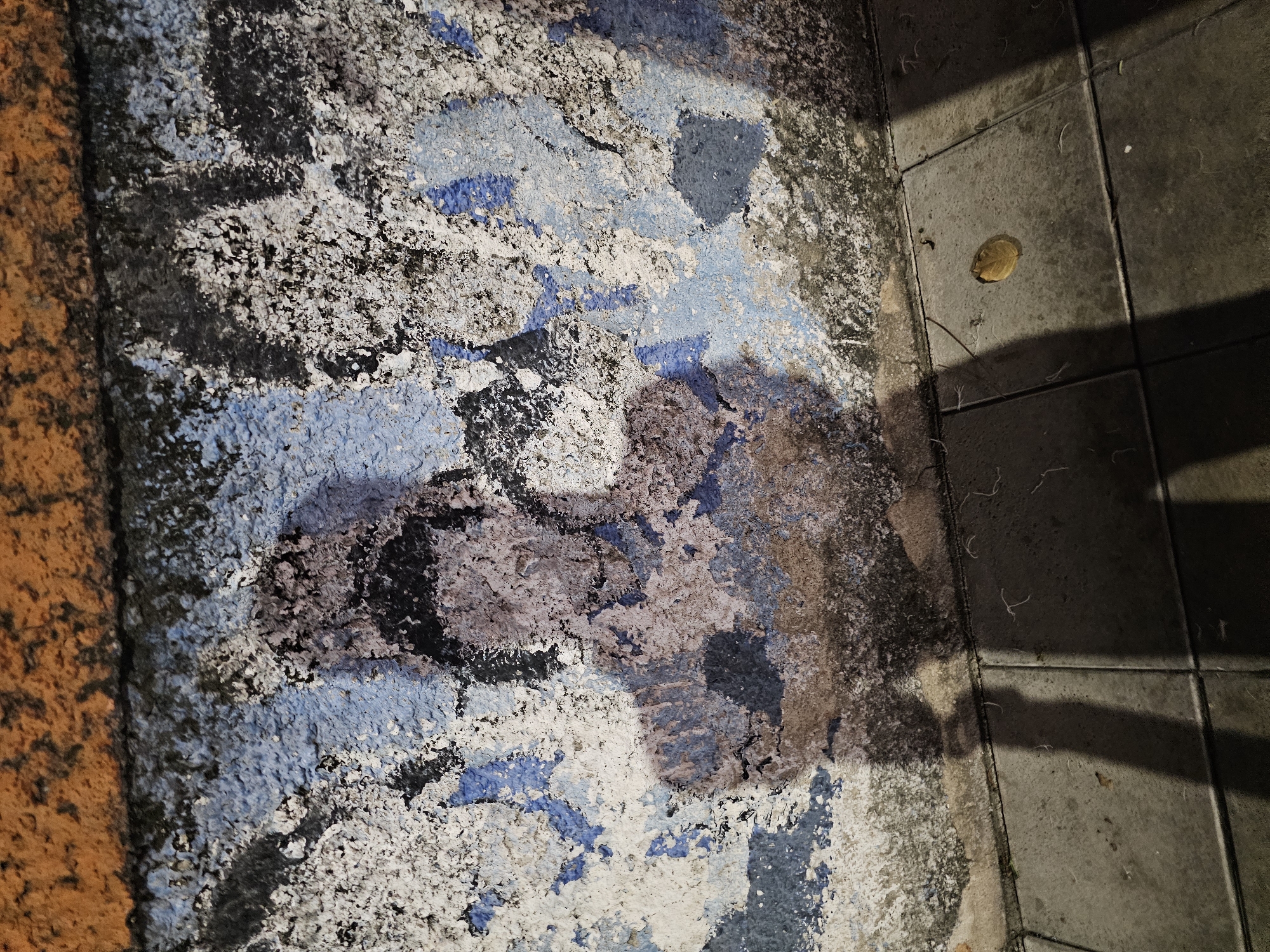 The image captures a section of a weathered wall in Bangkok, Thailand, with a shadow cast across it and the pavement below. The wall is textured and appears to have peeling paint in shades of blue, white, and black, with some areas of reddish-brown at the top. A distinct shadow of a person is visible on the wall, suggesting the presence of an individual, though they are not directly depicted. The ground is paved with square tiles, and a single dry leaf rests on the pavement. The lighting suggests it is either early morning or late evening.