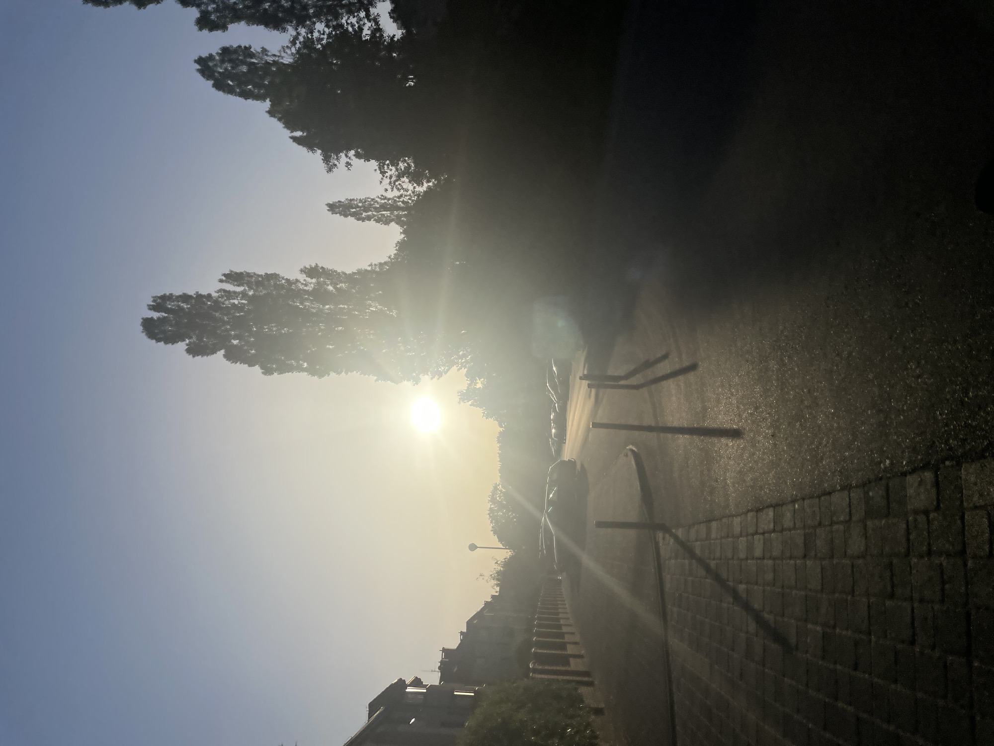 The image depicts a street scene, potentially in Wrocław, Poland, based on the architectural style and street details. It is a daytime shot, with the sun low in the sky, creating intense glare and lens flare. The street is lined with buildings on one side, partially obscured by trees. A sidewalk paved with dark bricks runs alongside the road. Metal bollards are positioned along the sidewalk edge. Several parked cars are visible on the street.