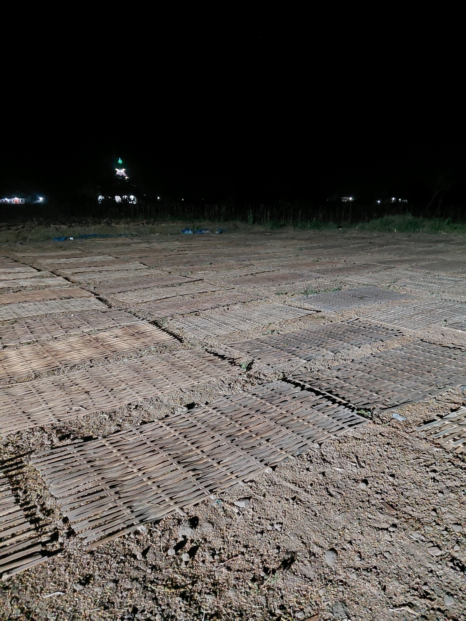 The image shows an outdoor scene at night in Bimo, Indonesia. In the foreground, there are large, flat, woven mats laid out on the ground. These mats appear to be made of dried plant material, possibly bamboo, and are arranged in a grid pattern. The ground beneath and around the mats is covered in soil and small debris. In the background, there are some trees and vegetation. Distant lights indicate structures or buildings in the far background. Above the tree line, a distinct, bright green light is visible, possibly from a structure like a minaret or a decorative light on a building. The overall scene suggests an open area, possibly used for drying or storing materials, illuminated by artificial light sources.