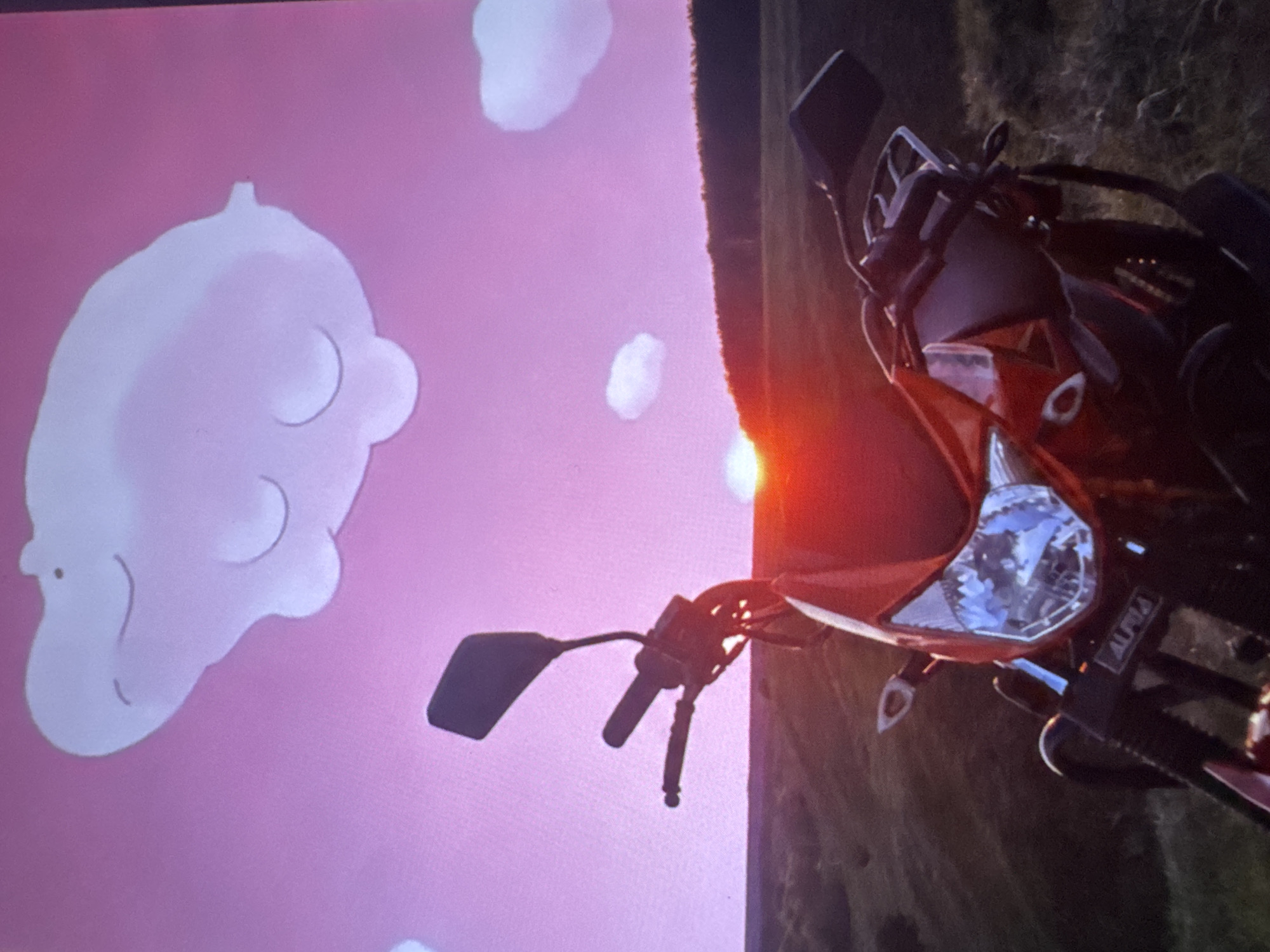 This image captures a vibrant sunset scene from Protasovo, Russia, featuring a motorcycle in the foreground against a backdrop of rolling hills and a sky painted in hues of pink and purple. The sky is adorned with cartoonish clouds, one of which is shaped like a smiling hippo. The motorcycle, a bright red model, is positioned to face the viewer, its headlights reflecting the warm light of the setting sun. The natural landscape surrounding the motorcycle appears rugged and undeveloped, suggesting a rural or semi-rural setting. The overall atmosphere is serene and picturesque, with the surreal element of the cartoon cloud adding a whimsical touch to the natural beauty of the sunset.
