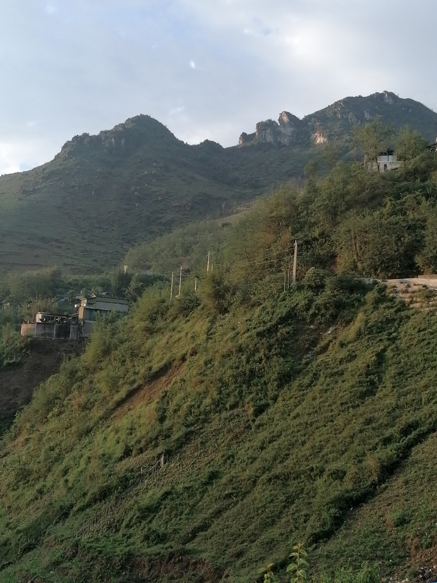 The image captures a mountainous landscape, likely in Sa Pa Ward, Vietnam. Two prominent mountains dominate the scene, one on the left and the other on the right. The rightmost mountain has unique rock formations near its peak. The slopes of the mountains are covered in green vegetation. A winding road is visible on the side of one of the mountains. Scattered houses and structures are seen along the mountainside. Electrical poles line a section of the road. The sky is overcast with clouds.