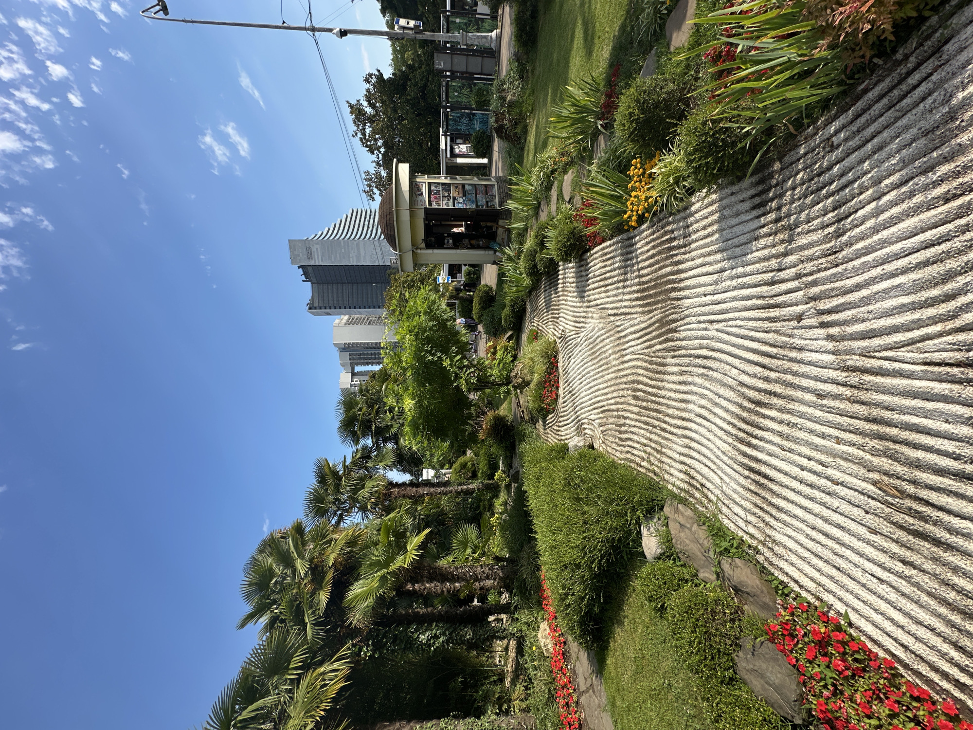 This is a media file of a park with a clear blue sky and scattered white clouds. The scene is dominated by lush greenery, including palm trees, manicured bushes, and flowering plants with red and yellow blossoms. A distinctive element is a textured, light-colored surface with carved wavy lines, resembling a zen garden's raked gravel.
In the background, modern skyscrapers with distinctive architecture rise against the sky, suggesting an urban environment. A small, domed kiosk or pavilion is visible in the mid-ground, possibly a shop or information center. A street lamp with electrical wires extends into the frame from the top left. A few people are visible in the distance, walking along a path, but they are not the primary focus.
The sunlight suggests it is daytime, likely late morning or early afternoon, casting shadows from the trees and the textured surface. The overall atmosphere is one of a well-maintained public space, blending nature with urban elements. There is no visible text in the image. The location context is Sochi, Russia.