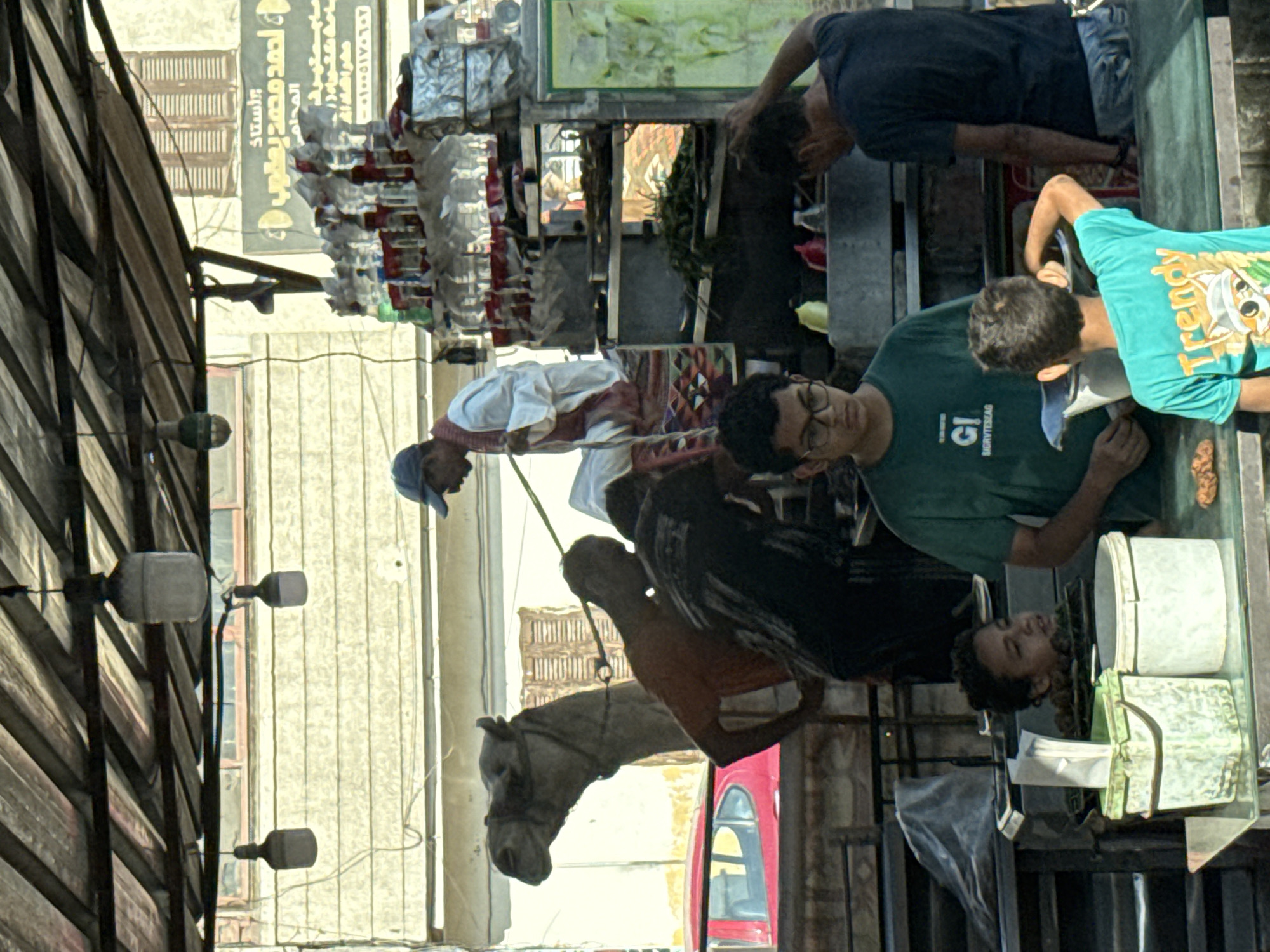 In Giza, Egypt, a bustling street scene unfolds under a corrugated metal awning. A camel stands prominently, its head turned towards the left, adorned with a rope bridle. Several individuals are engaged in activities around the camel and a nearby food stall.
A man wearing a blue cap and a white and red garment is seated on the camel's back, seemingly preparing for a ride. To the left of the camel, a person in an orange shirt stands, while another individual in a black shirt is positioned behind them.
In the foreground, a food stall is set up. Three young boys are visible. One boy, wearing glasses and a green t-shirt, stands near the stall. Another boy, wearing a bright teal t-shirt with the word "Trendy" printed on it, is seen from behind, interacting with something on the stall. A third child's head is visible peeking out from behind the stall.
The stall displays various items, including bottles of liquid, packaged goods, and what appears to be food items. Two large white buckets are also present at the stall. In the background, a red car is parked, and a building with wooden shutters is visible. The overall environment suggests a lively, commercial area.