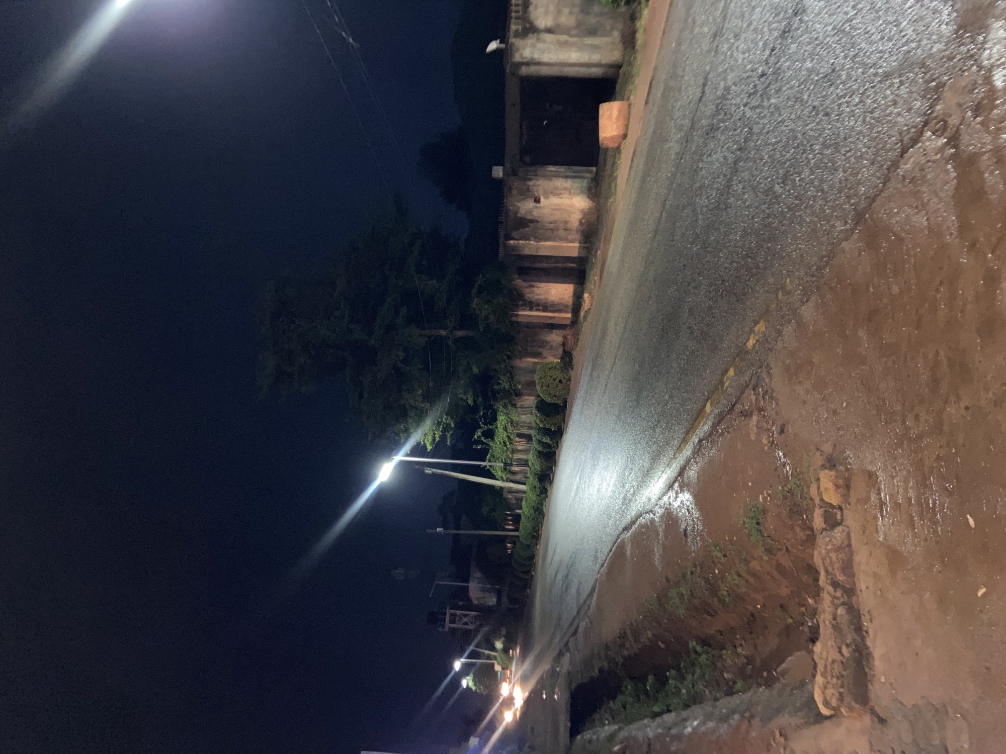 The image depicts a street scene at night in Gura Top, Nigeria. A wet asphalt road curves from left to right, reflecting the light from street lamps. The road is lined with a low, eroded dirt embankment on the left, and a concrete wall with a dark gate and a few scattered objects on the right. A row of neatly trimmed bushes runs along the base of the wall. Several streetlights illuminate the scene, with one prominently placed in the middle ground casting a bright glare. A few vehicles with their headlights on are visible in the distance on the left side of the road. The sky above is dark, indicating nighttime, and a large tree with dense foliage stands behind the bushes on the right. The overall impression is of a quiet urban street after rainfall.