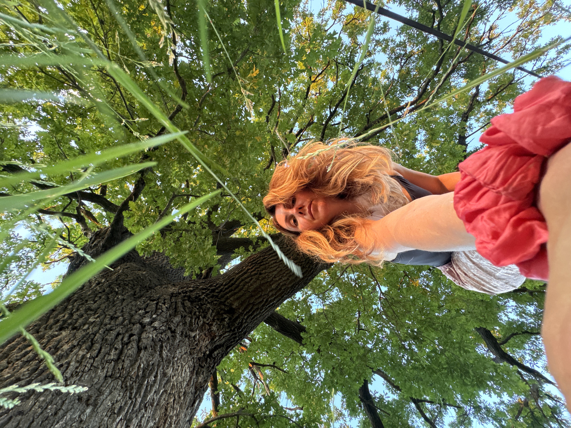 A low-angle, outdoor, wide shot shows a woman from the waist up, looking up towards the camera from under a large tree in Sofia, Bulgaria. The woman has long, wavy, reddish-blonde hair and is wearing a dark top and a light-colored skirt. Her right arm is extended towards the camera, with a bright red scrunchie on her wrist. The trunk of the tree is on the left side of the frame, with its bark textured and dark brown. Lush green leaves and branches fill the upper portion of the image, creating a canopy. The sky is a clear, light blue. Tall, thin green grass stalks are in the foreground, obscuring parts of the woman and the tree.