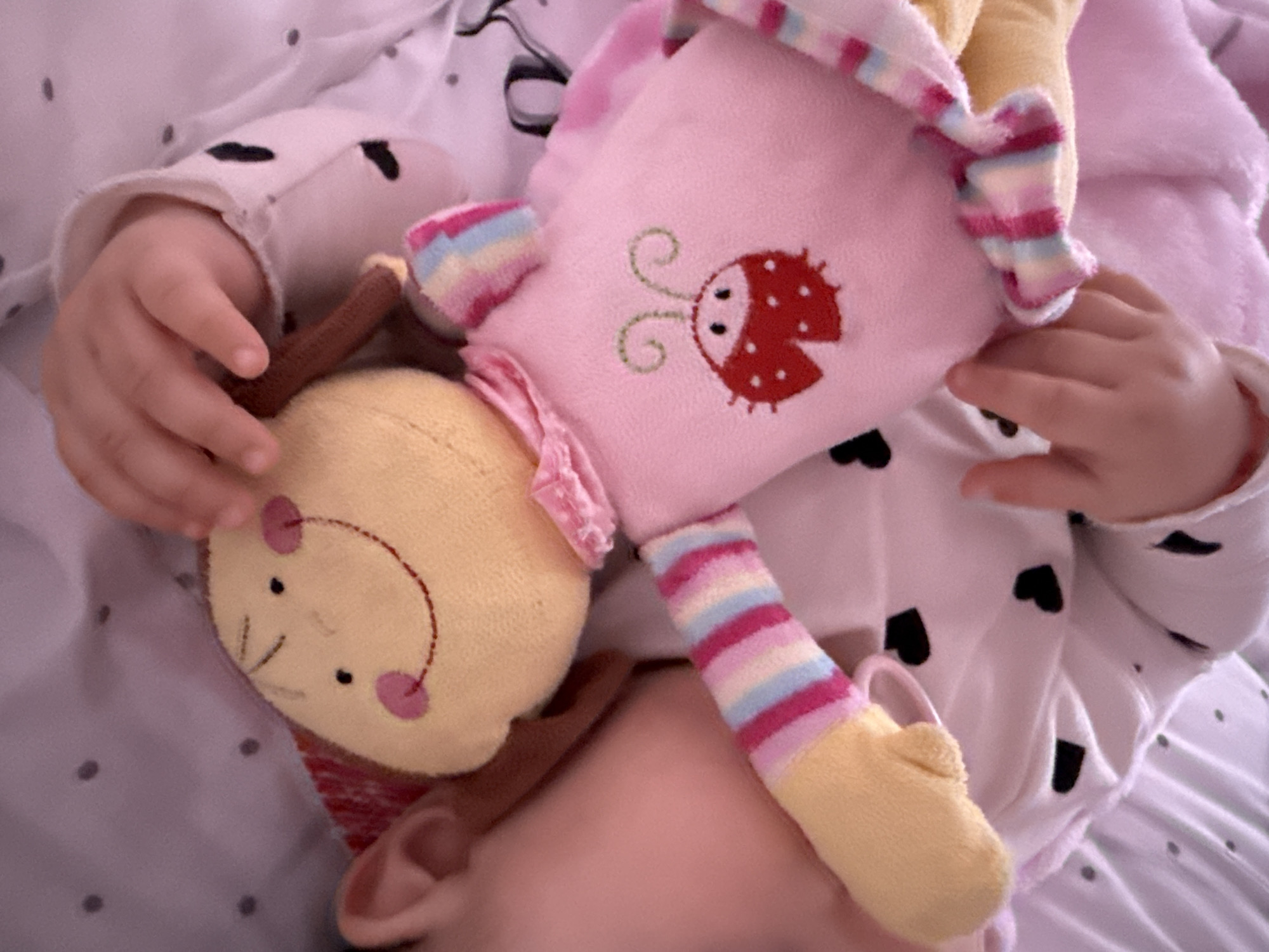 A child is lying on a bed, clutching two plush toys. The child wears a white pajama top patterned with black hearts. One toy is a yellow bee with brown antennae, the other is a pink, square-shaped doll with a ladybug design. The location is unspecified.