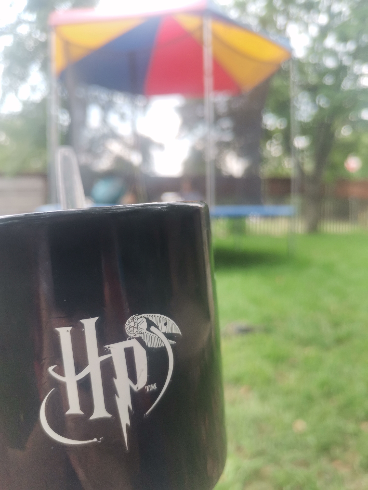 The image shows a close-up of a black mug with a white Harry Potter logo in the foreground. The mug is held by an unseen person, suggesting it is outdoors. In the background, a trampoline with a colorful canopy is visible, along with a grassy yard and trees. The setting appears to be a residential backyard. The image does not provide any information about the city of Osoitsa, Bulgaria.