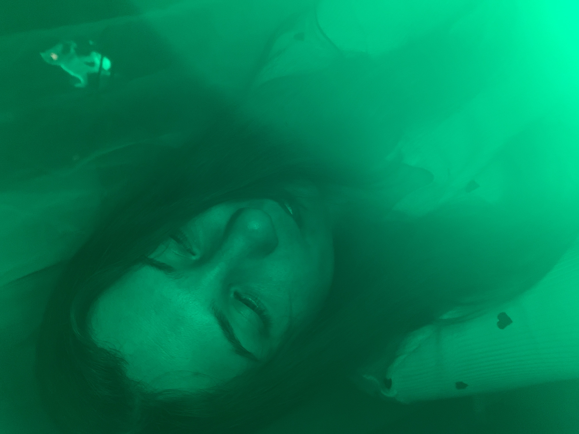 A close-up, overhead shot captures a young woman with long, dark hair, her eyes closed, and head tilted down. She is wearing a light-colored, ribbed top adorned with small black hearts. The image is heavily filtered with a vibrant green hue, creating an ethereal or possibly artificial lighting effect. In the upper right corner, a small, glowing green dinosaur figurine is visible. The background is obscured by soft focus and the green overlay, making specific environmental details difficult to discern. No information about the location in Chaikovsky, Russia, can be inferred from the visual content of this image.